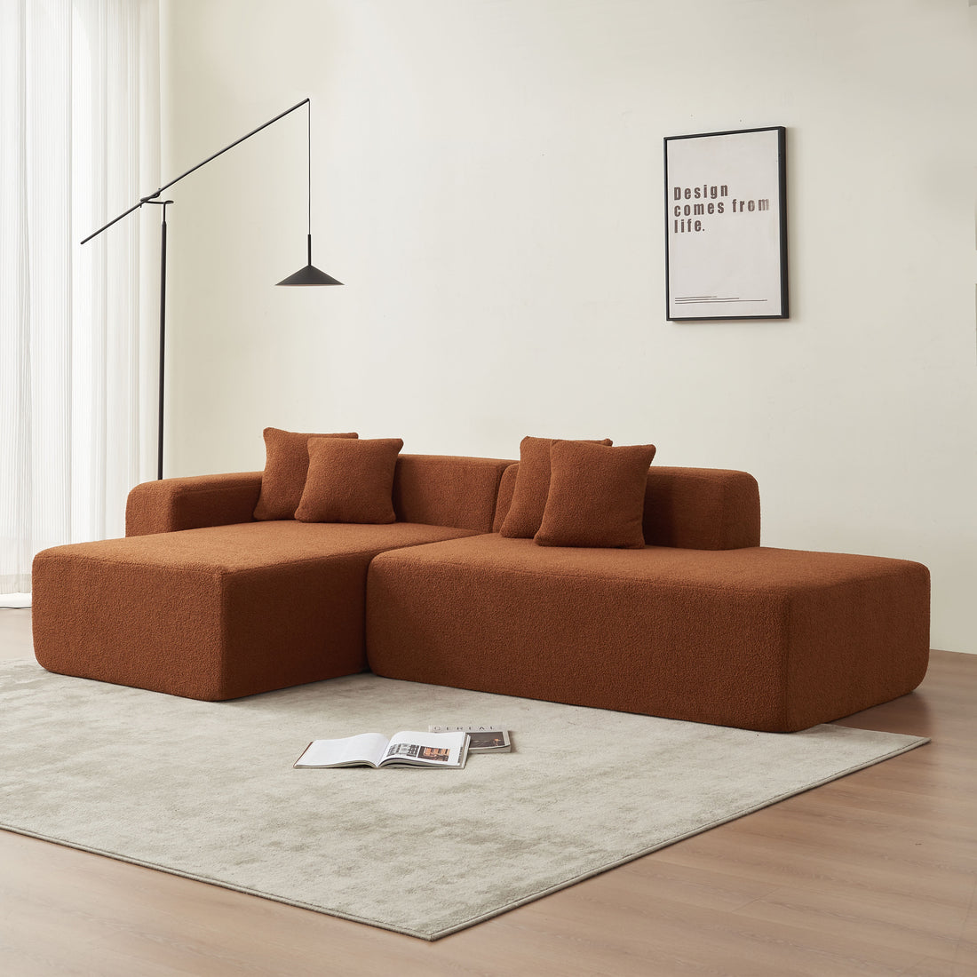 Modular Sectional Couch, Lambswool Fabric Modern L Shape Sectional Sofa With Chaise Lounge, Living Room Upholstered 5 Seater Corner Sofa Couch For Bedrooms, Apartment Orange Foam Sherpa 5 Seat