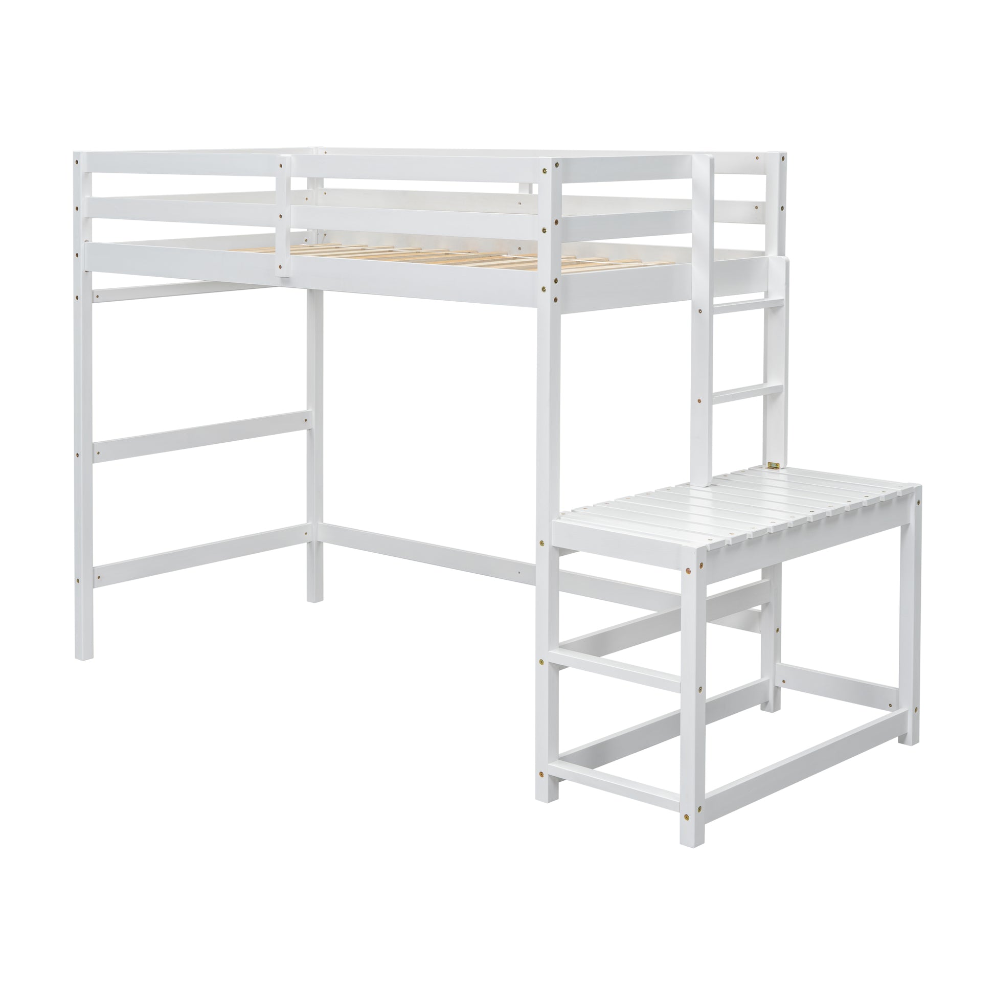 Twin Size High Loft Bed With Ladder Landing Platform, Ladders, Guardrails,White Twin White Wood Bedroom American Design Pine Bed Frame Pine