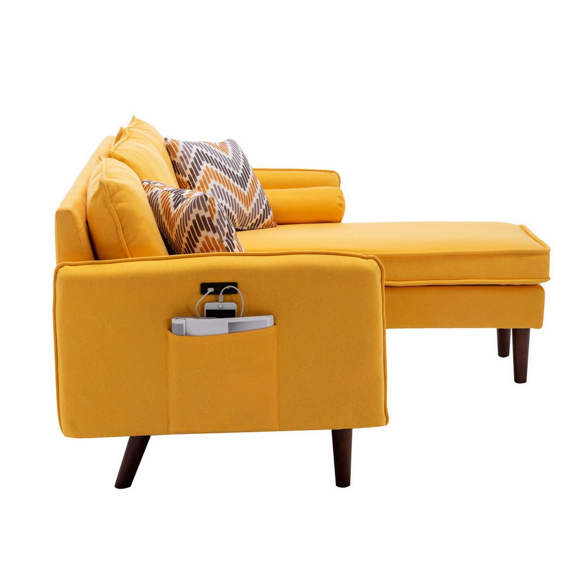 Ranon 70 Inch Sectional Chaise Sofa, Pillows, Usb Ports, Pockets, Yellow Yellow Wood Fabric 3 Seat