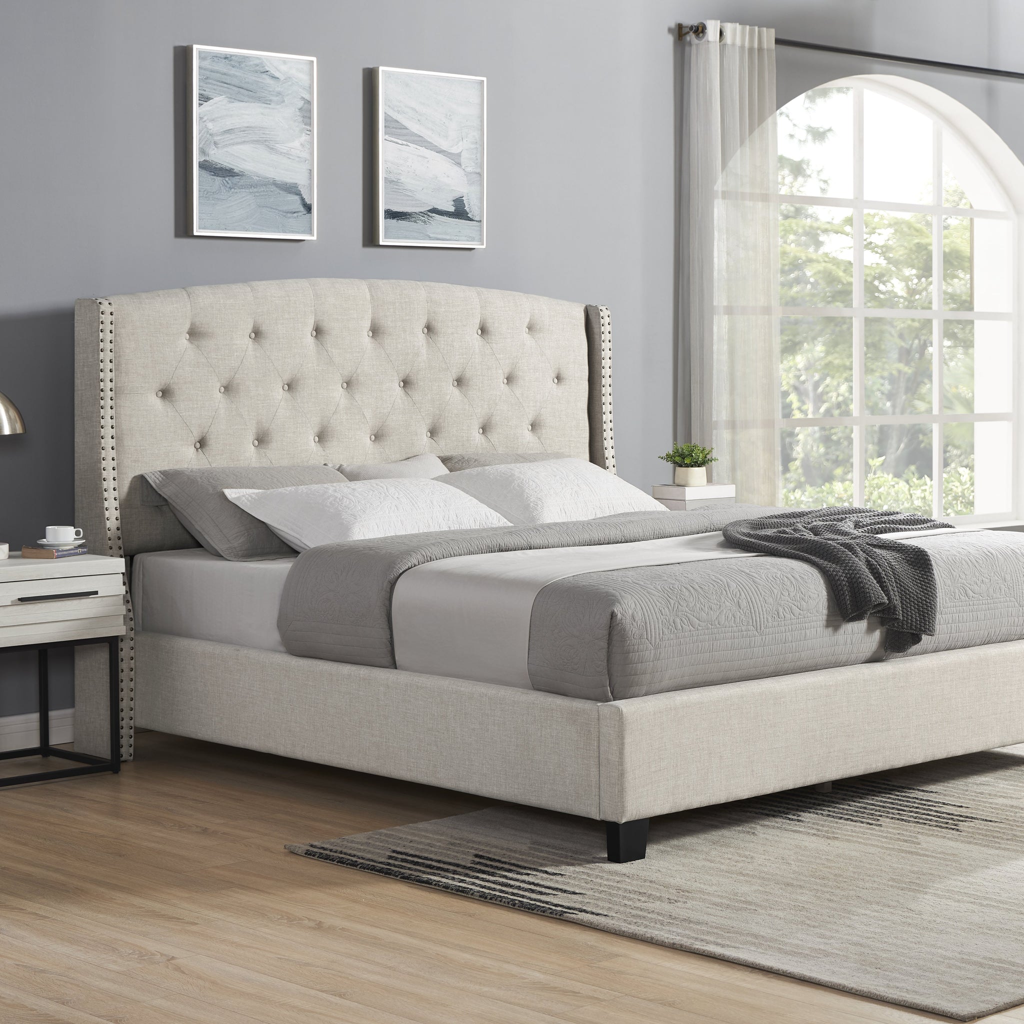 Astral 3 Piece Upholstered Bedroom Set, Tufted Wingback Bed With Two White Nightstands Box Spring Required Queen Beige Wood 3 Piece Set Bedroom Bed Included,Nightstand Included Contemporary Wood Tufted Polyester Engineered Wood