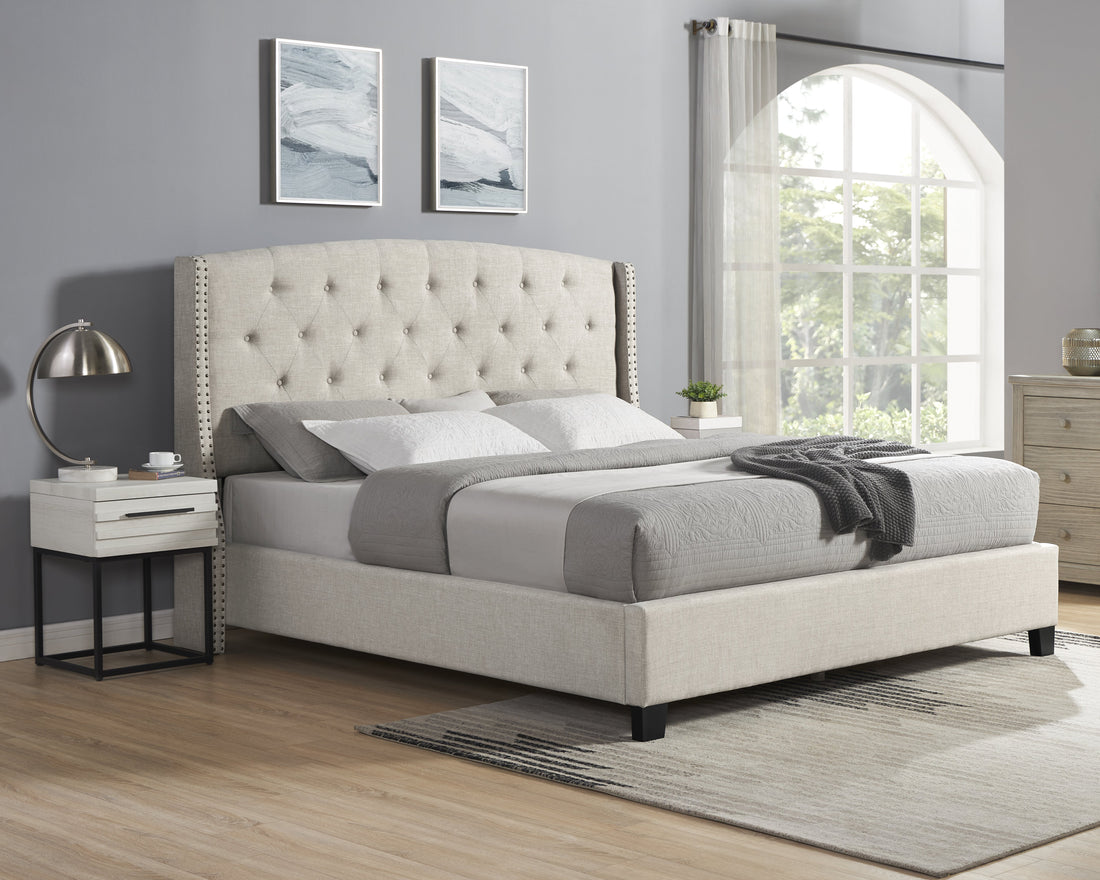 Astral 3 Piece Upholstered Bedroom Set, Tufted Wingback Bed With Two White Nightstands Box Spring Required Queen Beige Wood 3 Piece Set Bedroom Bed Included,Nightstand Included Contemporary Wood Tufted Polyester Engineered Wood