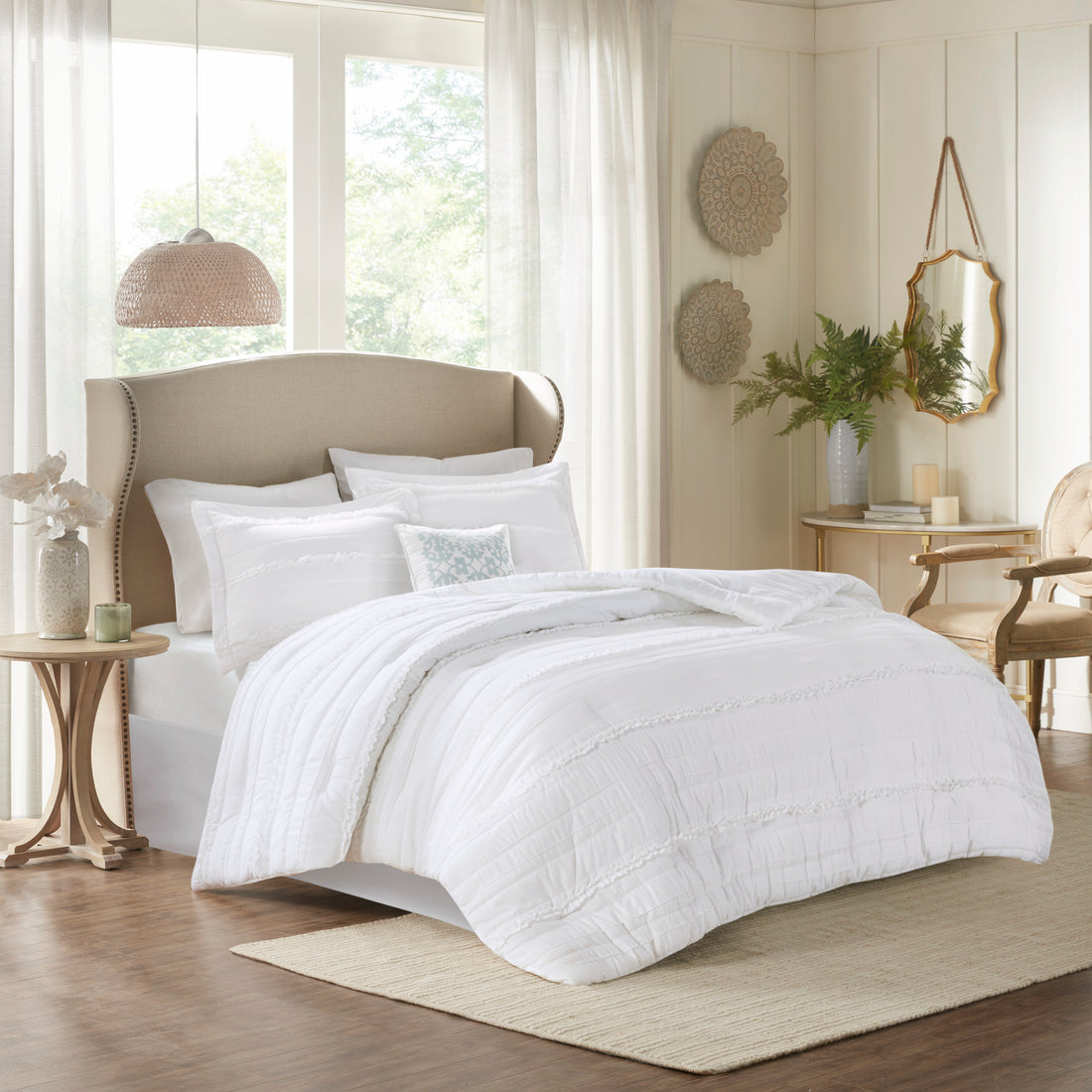 5 Piece Microfiber Ruffled Comforter Set White King King White Polyester