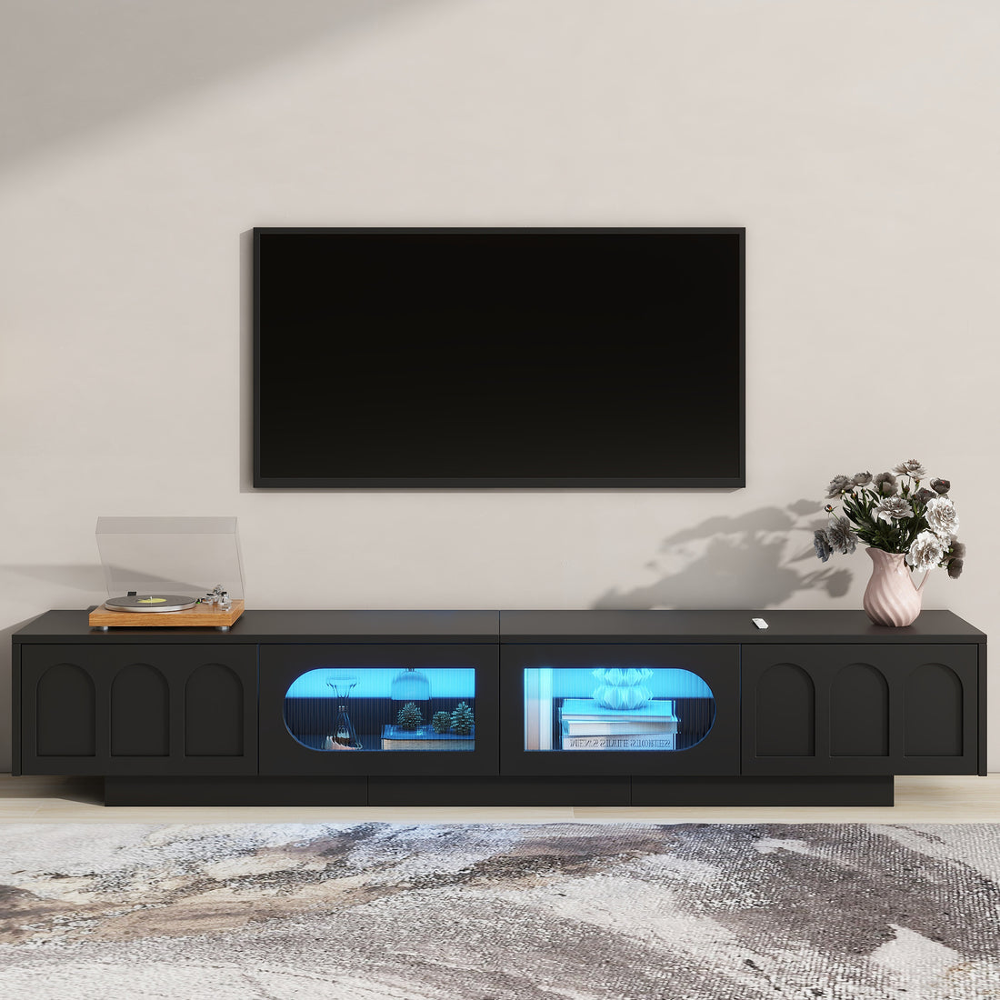 Tv Stand With Fluted Tempered Glass Doors For Tvs Up To 95'', Functional Media Console With Arched Cabinet Doors, Entertainment Center With App Controlled Led Light For Living Room, Black Black Primary Living Space 90 Inches Or Larger 90 Inches Or Larger