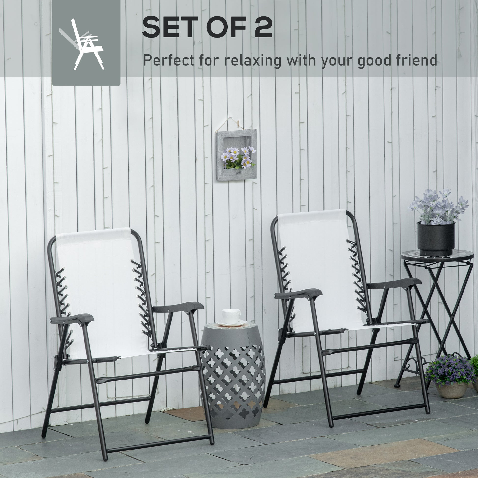 Outsunny Set Of 2 Patio Folding Chairs, Outdoor Bungee Sling Chairs W Armrests, Portable Lawn Chairs For Camping, Garden, Pool, Beach, Backyard, Cream White White Steel