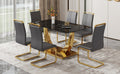 Table And Chair Set.Modern Rectangular Dining Table With Black Textured Stickers Glass Tabletop And Gold Plated Metal Legs.Paried With 6 Comfortable Chairs With Pu Seats And Golden Metal Legs. Dark Gray,Gold Seats 6 Glass Metal