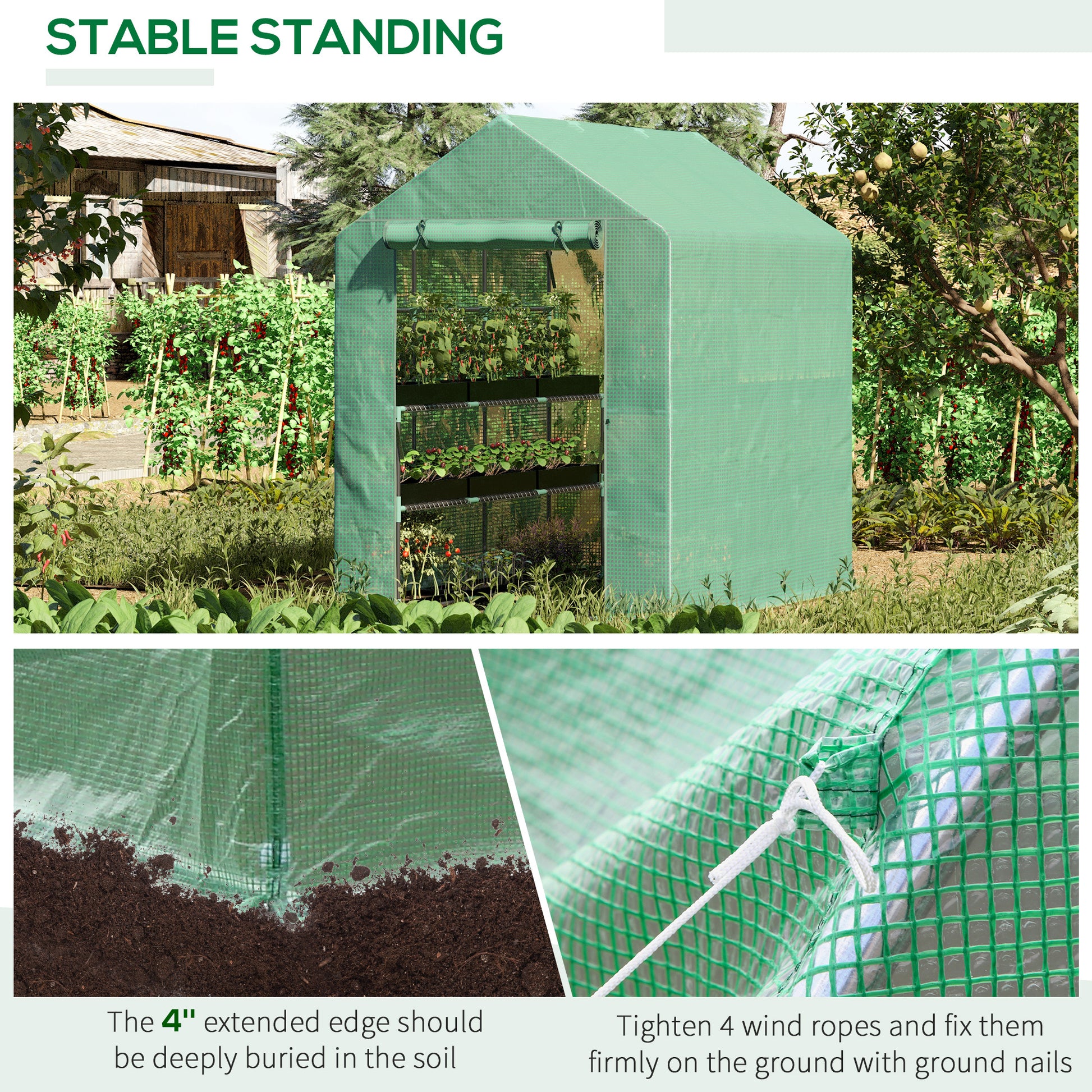 Outsunny 7' X 5' X 6.5' Walk In Greenhouse, Pe Cover, 3 Tier Shelves, Steel Frame Hot House, Roll Up Zipper Door For Flowers, Vegetables, Saplings, Tropical Plants, Green Green Steel