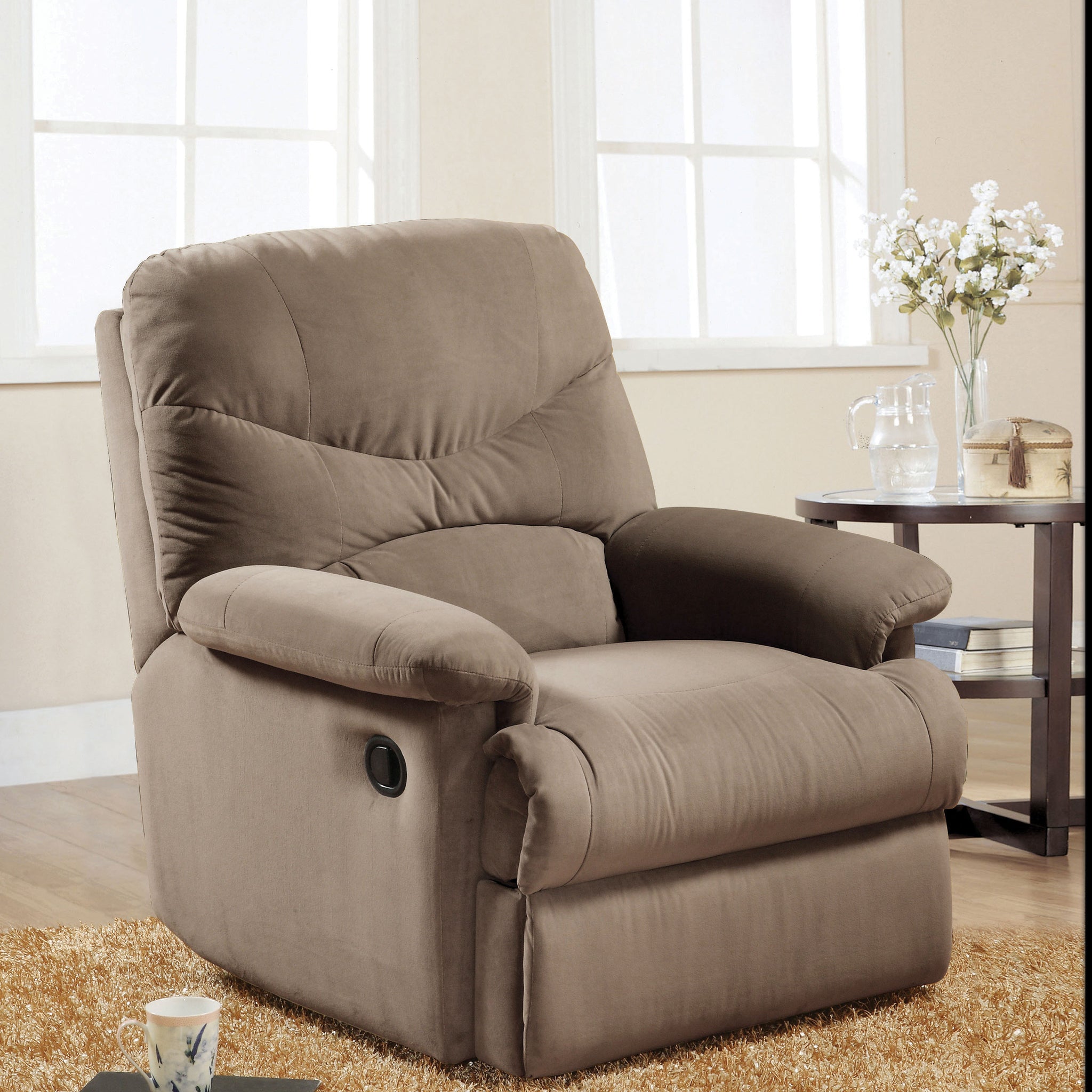 Light Brown Recliner With Pillow Top Armrest Light Brown Microfiber Manual Handle Metal Primary Living Space Tight Back Handle Pillow Top Arms Fabric Metal