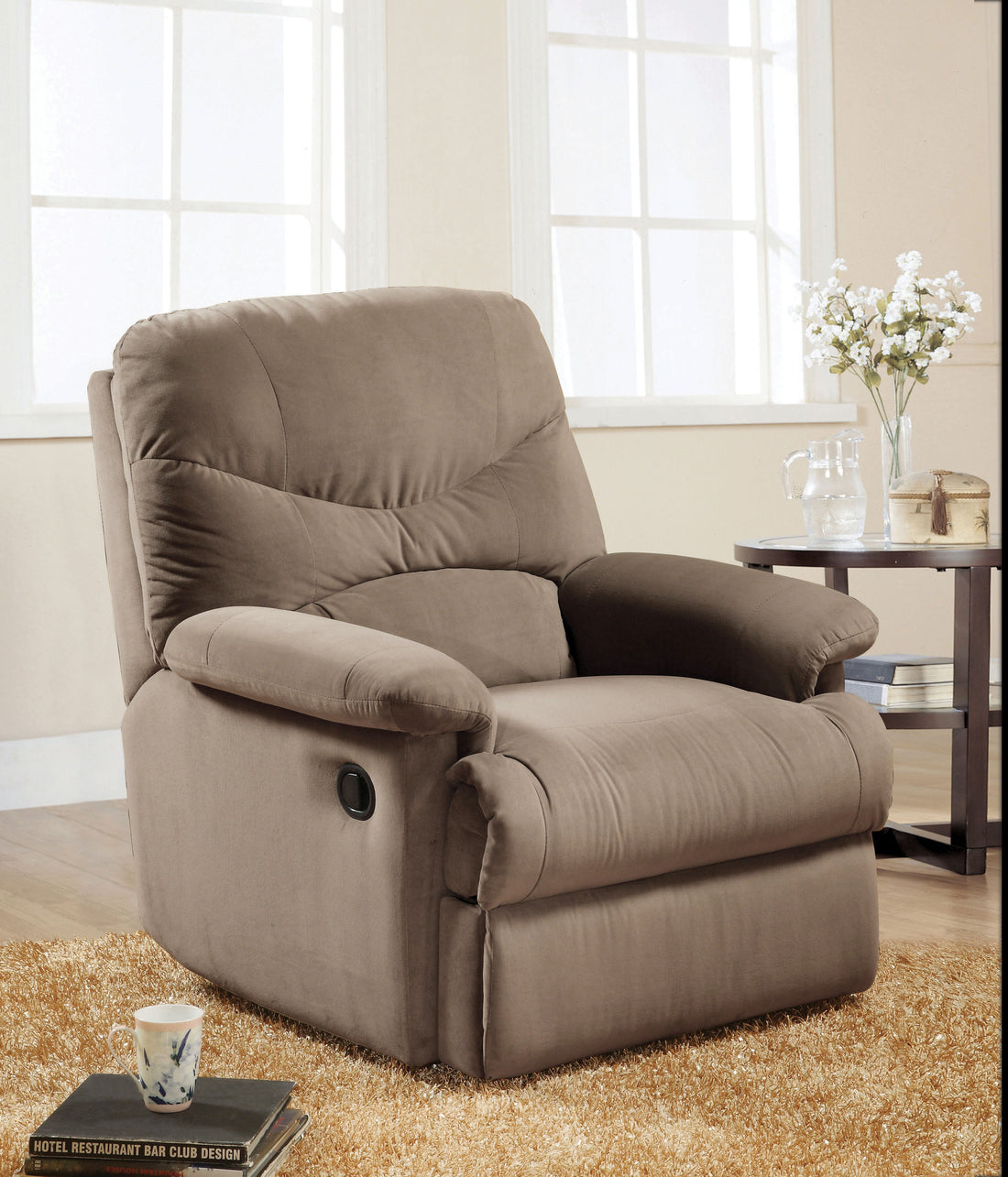 Light Brown Recliner With Pillow Top Armrest Light Brown Microfiber Manual Handle Metal Primary Living Space Tight Back Handle Pillow Top Arms Fabric Metal