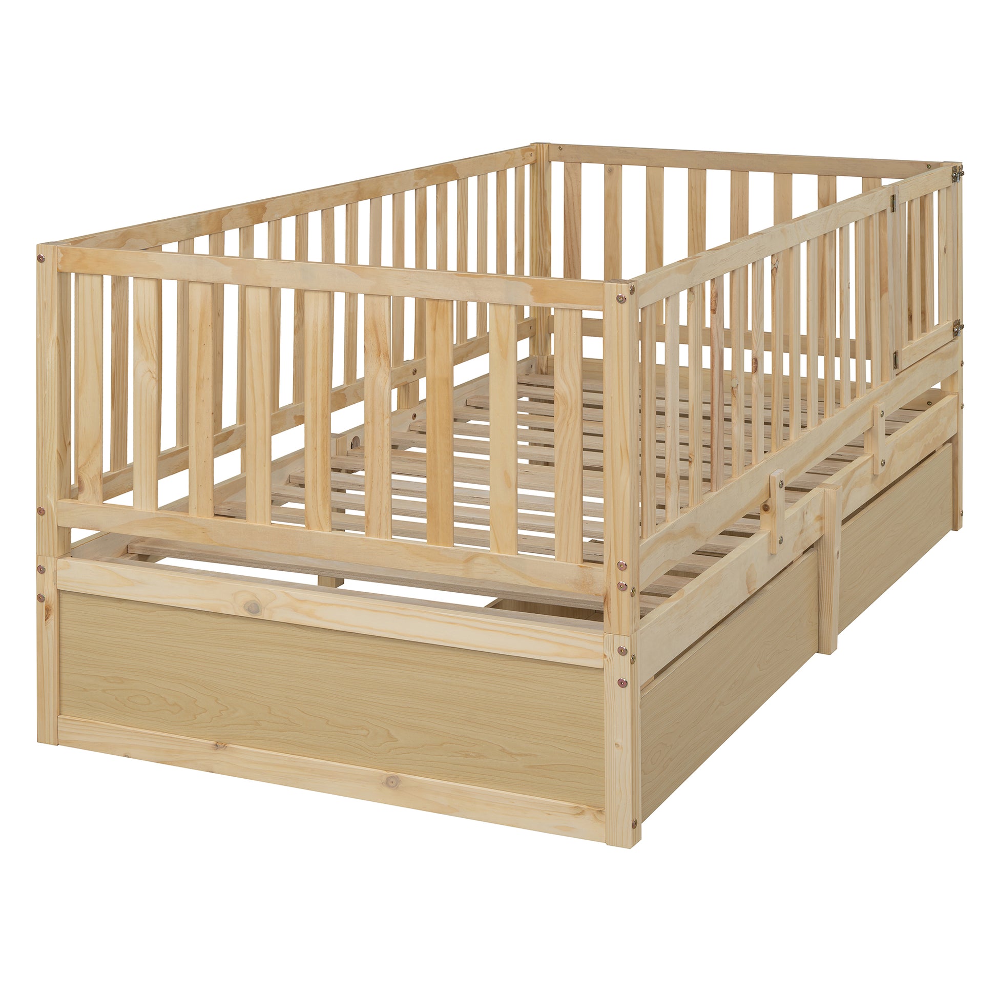 Twin Size Wood Daybed With Fence Guardrails And 2 Drawers, Split Into Independent Floor Bed & Daybed, Natural Old Sku :Lp000881Aan Twin Natural Solid Wood Mdf