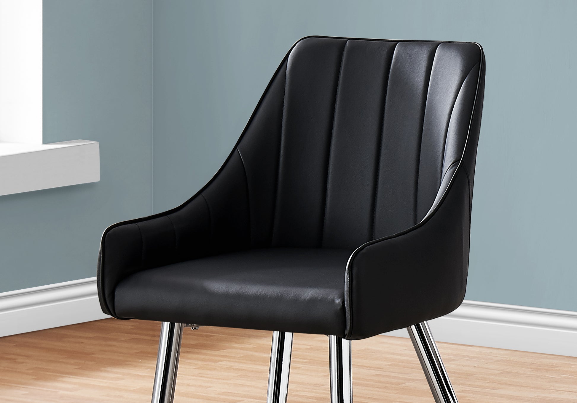 Dining Chair, Set Of 2, Side, Upholstered, Kitchen, Dining Room, Black Leather Look, Chrome Metal, Contemporary, Modern Black Foam Faux Leather