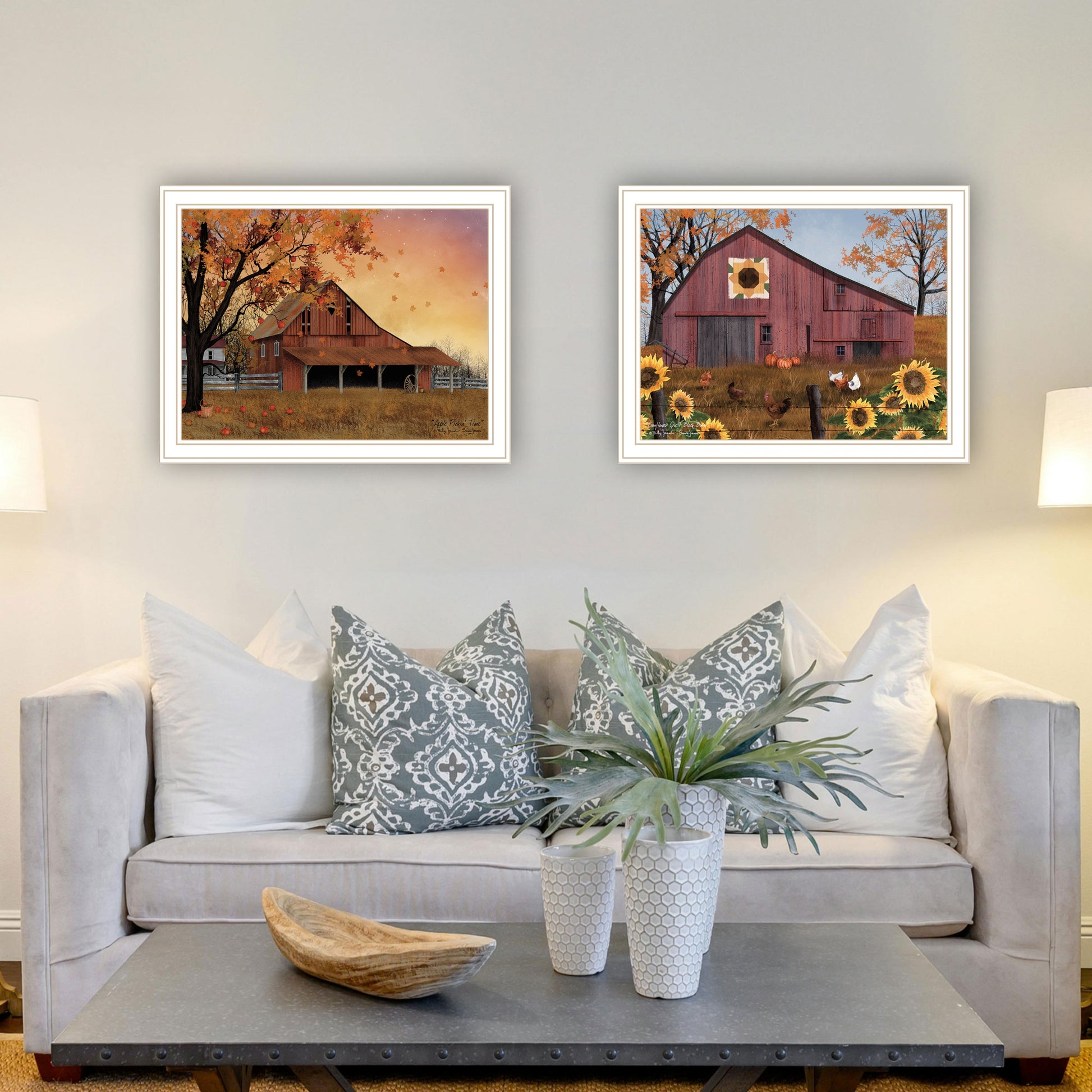 2 Piece Vignette Apple Picking Time, Sunflower Quilt Barn White Framed Wall Art For Living Room, Bedroom Wall Art Print For Home Decor By Billy Jacobs Multi Wood Paper