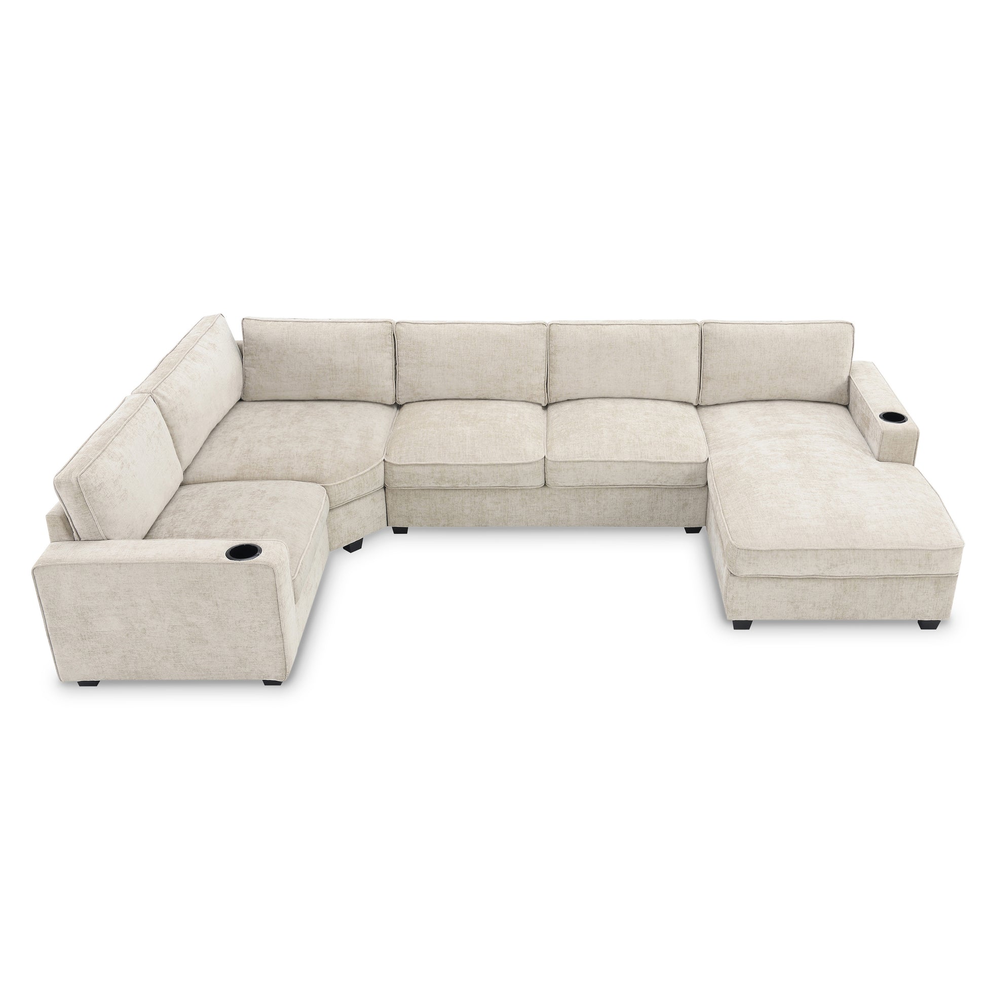 119*67" U Shaped Sectional Sofa,6 Seat Chenille Couch Set With Oversized Chaise Lounge,Irregular Corner,Deep Seat Comfy Sofa With Cup Holders For Living Room,Apartment,2 Colors Beige Chenille 6 Seat