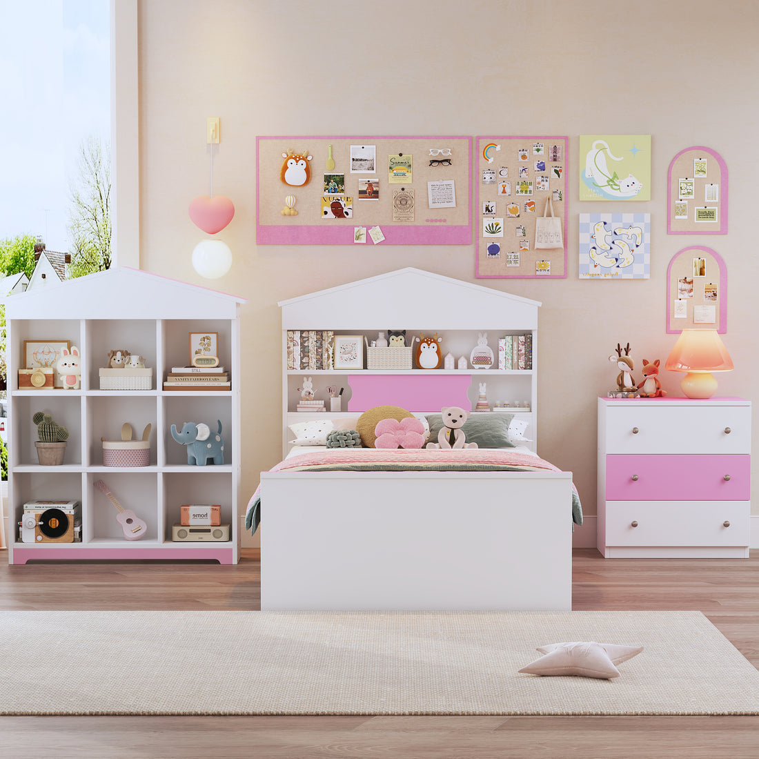 3 Pieces Bedroom Sets, Twin Size House Shaped Wooden Bed With Storage Drawers, Nightstand With Colorblock Design And House Shaped Stroage Rack, Pink White Twin White Pink 3 Piece Set Wood