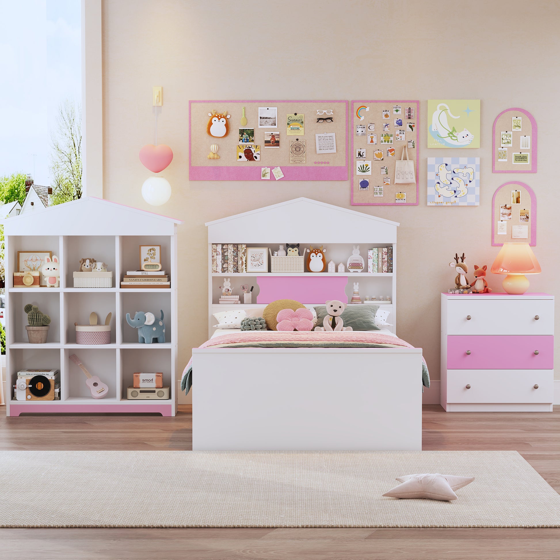 3 Pieces Bedroom Sets, Twin Size House Shaped Wooden Bed With Storage Drawers, Nightstand With Colorblock Design And House Shaped Stroage Rack, Pink White Twin White Pink 3 Piece Set Wood