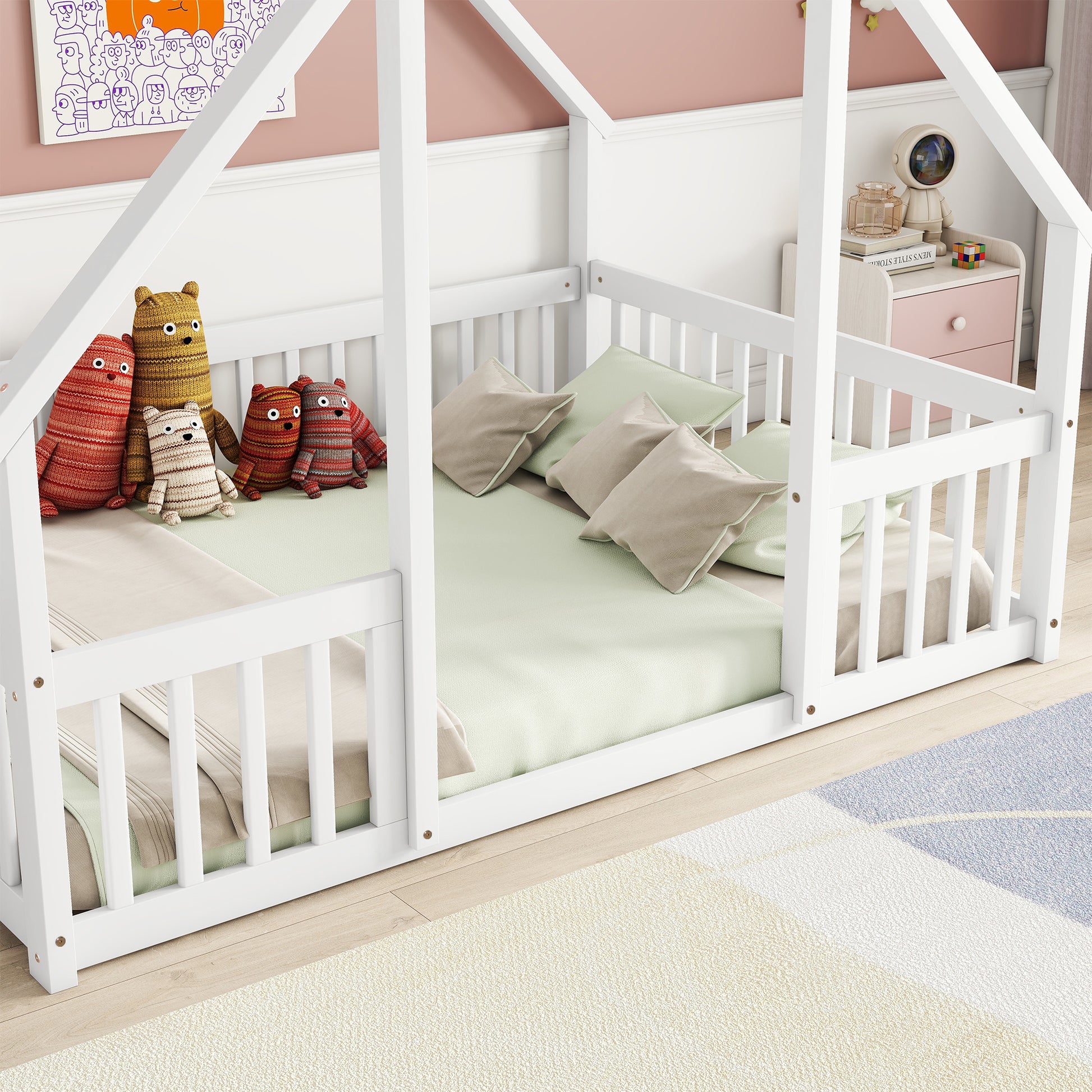 Full Wood House Shaped Floor Bed With Fence, Guardrails,White Full White American Design Pine