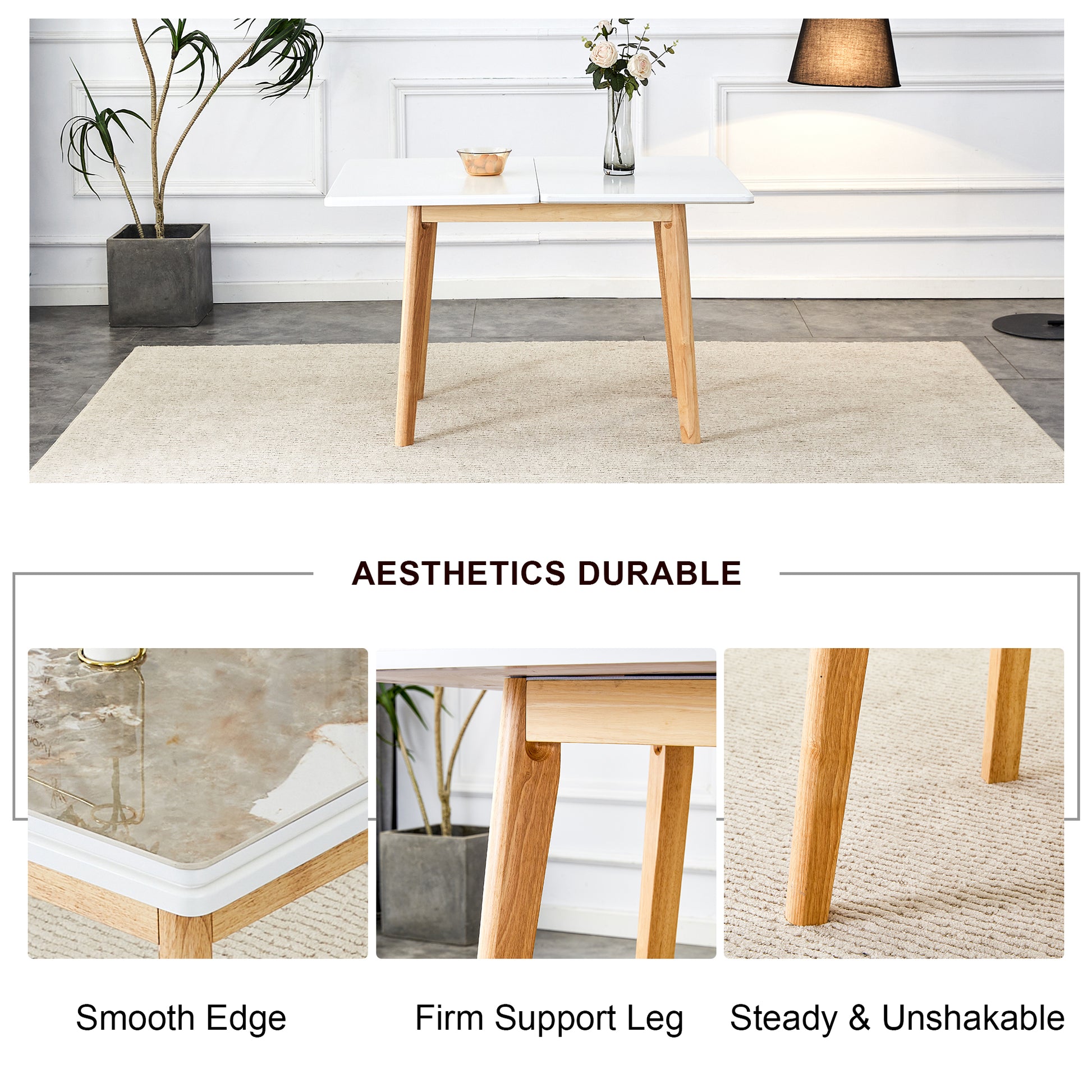 White Stone Burning Tabletop With Rubber Wooden Legs, Foldable Computer Desk, Foldable Office Desk,4 Modern Chairs Can Rotate 360 Degrees,The Seat Cushion Is Made Of Pu Material. Zd 1545Sc 003 White Sintered Stone