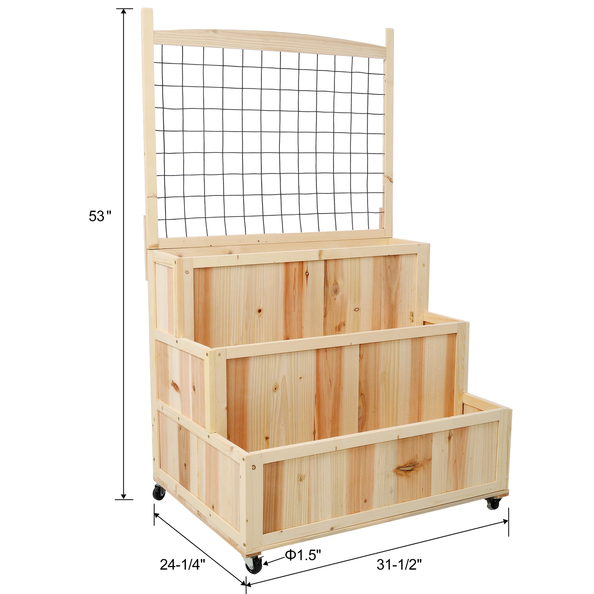 3 Tiers Raised Garden Bed With Trellis, 53" H Vertical Planter Box With Wheels & Back Storage Area, For Flowers, Vegetables, Herbs, Natural Natural Wood Wood