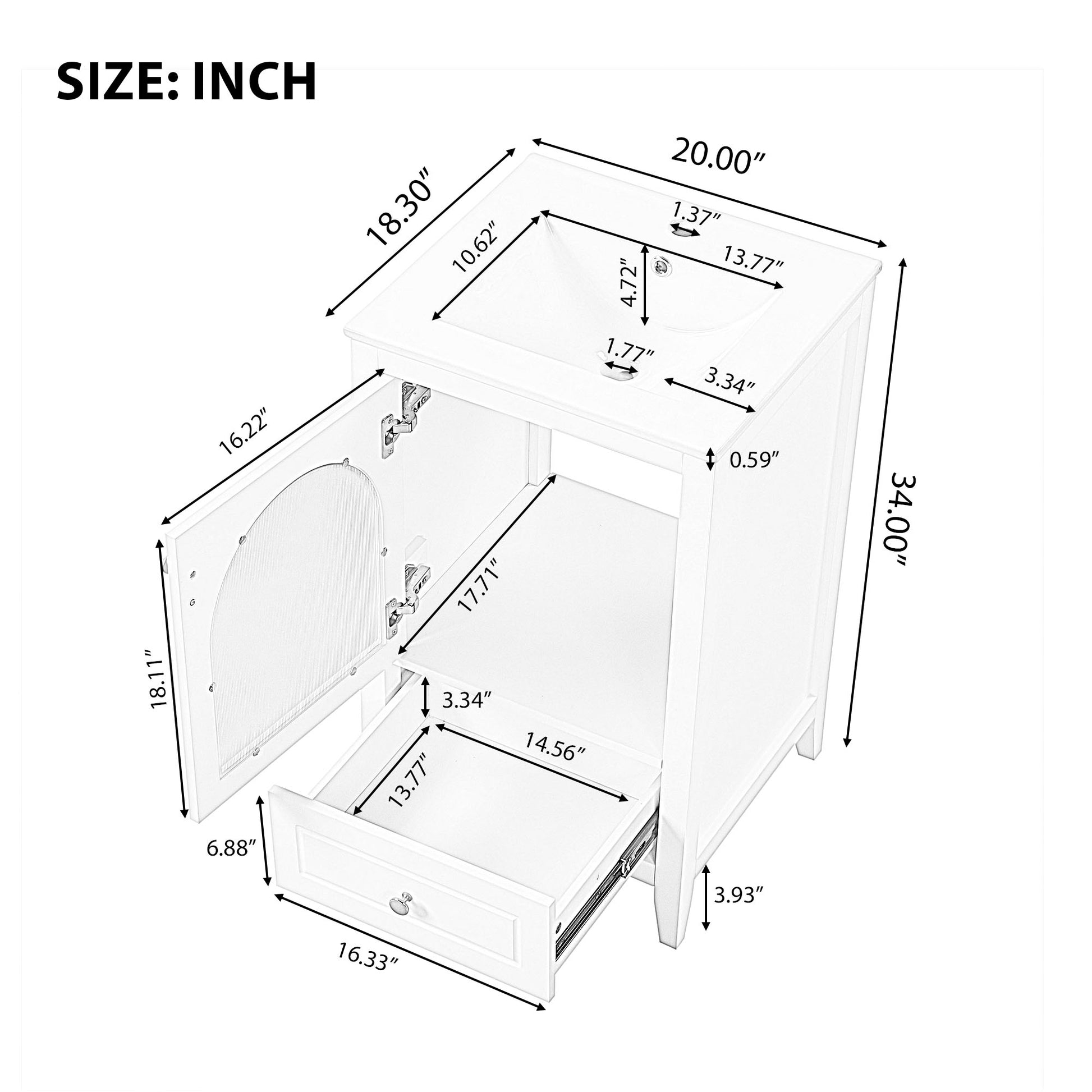 20" Bathroom Vanity With Sink, Bathroom Cabinet With Soft Closing Glass Door, A Drawer, White White Mdf