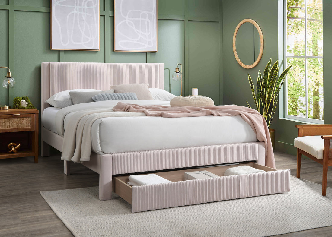 Contemporary 1Pc Queen Size Bed W Storage Drawer Light Pink Corduroy Texture Design Platform Bedframe Box Spring Not Required Queen Light Pink Wood Bedroom Contemporary,Modern Bed Frame Corduroy