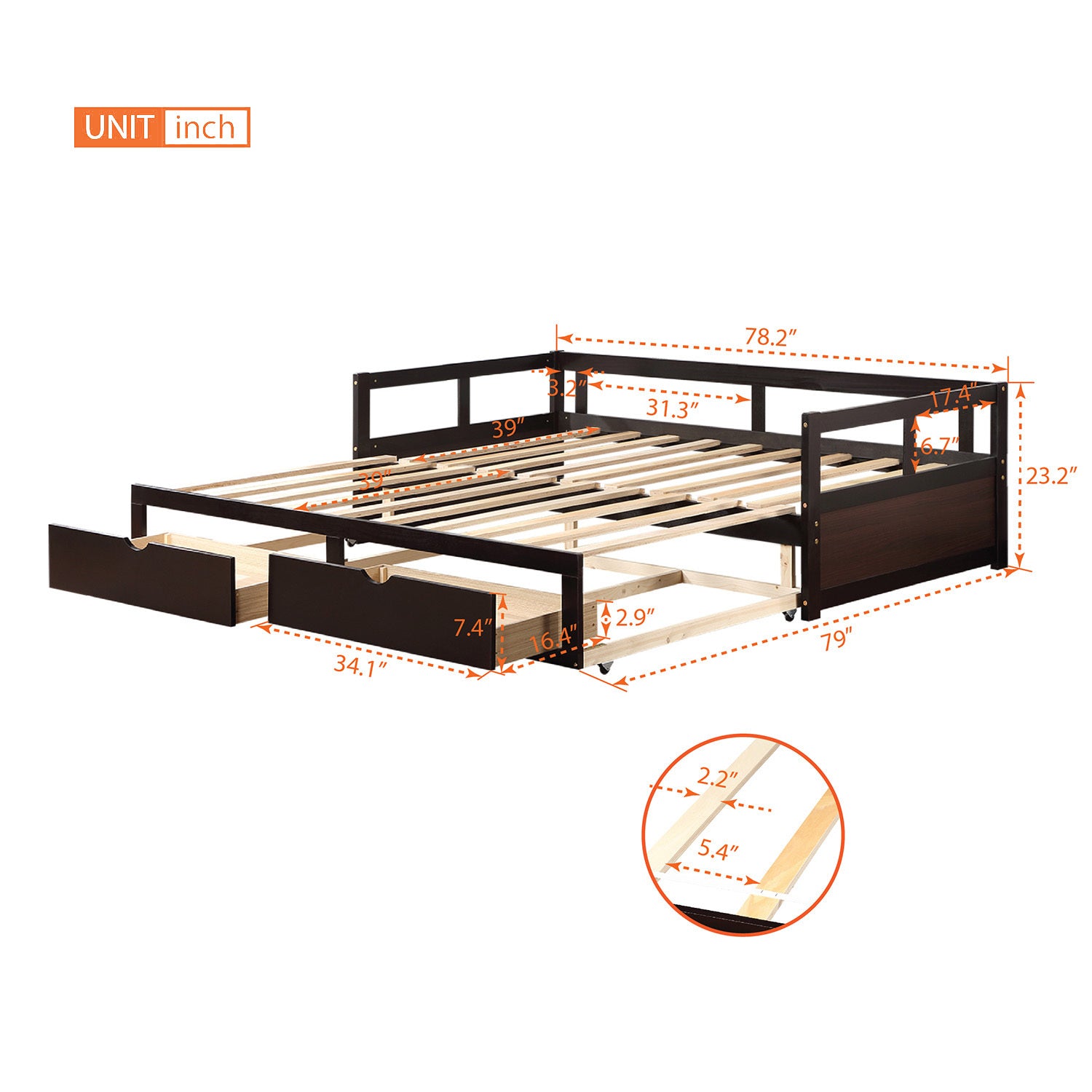 Wooden Daybed With Trundle Bed And Two Storage Drawersextendable Bed Daybed,Sofa Bed For Bedroom Living Room,Espresso Twin Espresso Solid Wood