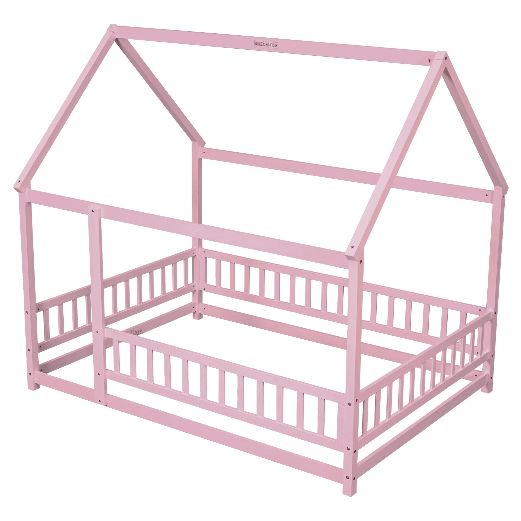 Full Size Floor Wooden Bed With House Roof Frame, Fence Guardrails ,Pink Full Pink Pine