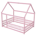 Full Size Floor Wooden Bed With House Roof Frame, Fence Guardrails ,Pink Full Pink Pine