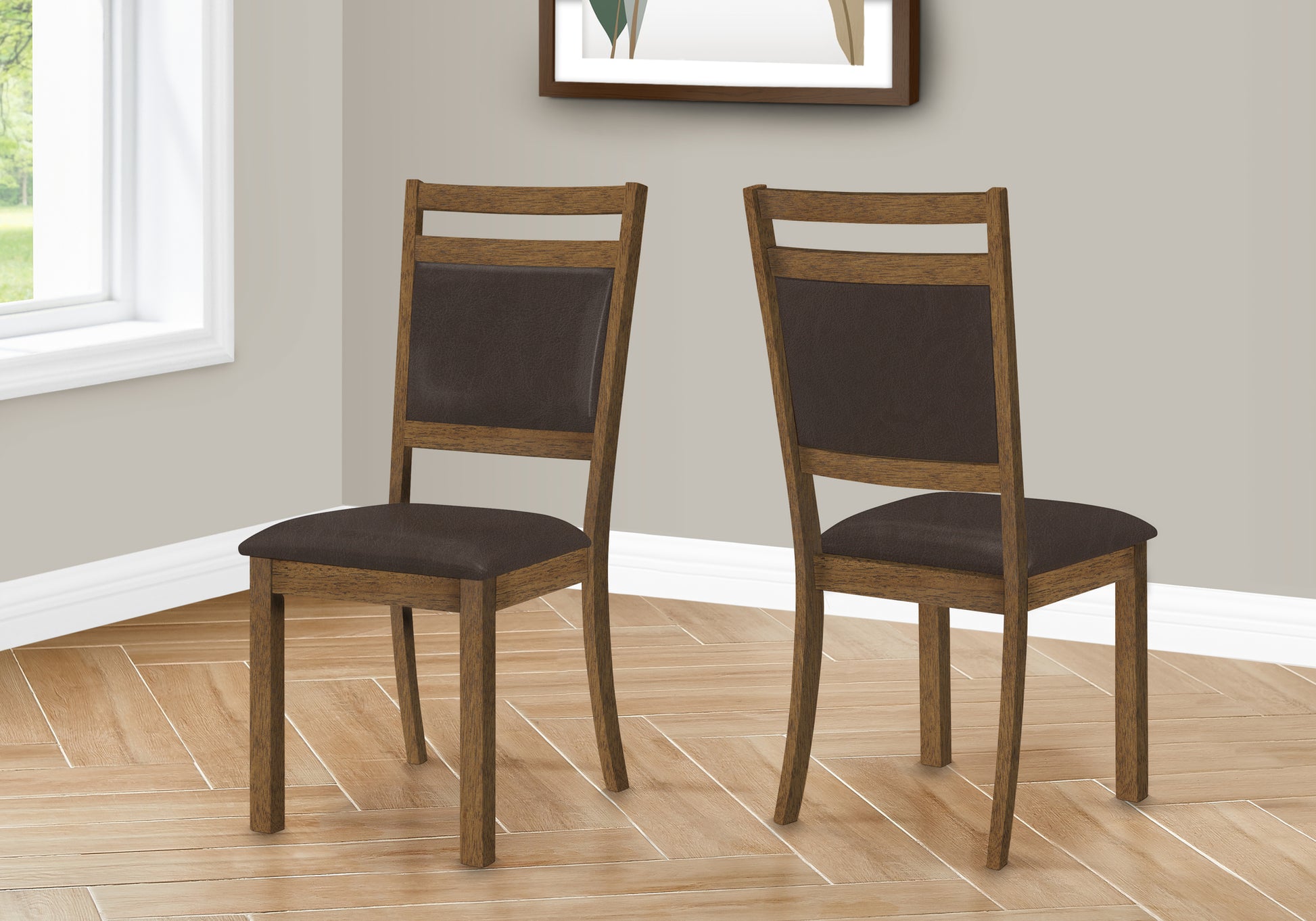 Dining Chair, Set Of 2, Side, Upholstered, Kitchen, Dining Room, Brown Leather Look, Walnut Wood Legs, Transitional Brown Foam Faux Leather