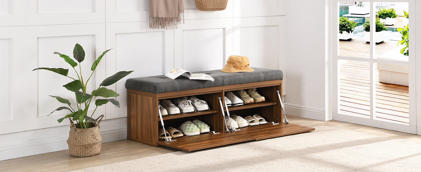 49" Shoe Storage Bench Entryway Shoe Cabinet Storage Ottoman With Padded Seat Cushion And Double Doors For Entryway, Hallway And Bedroom, Dark Grey Cushioned Dark Gray Linen Or Linen Blend Solid