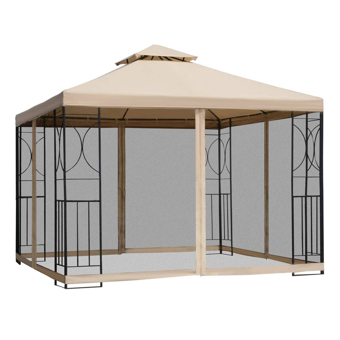 Outsunny 10' X 10' Patio Gazebo With Corner Shelves, Outdoor Gazebo Canopy Shelter With Netting, And Vented Roof, For Garden, Lawn, Backyard And Deck Multicolor Polyester