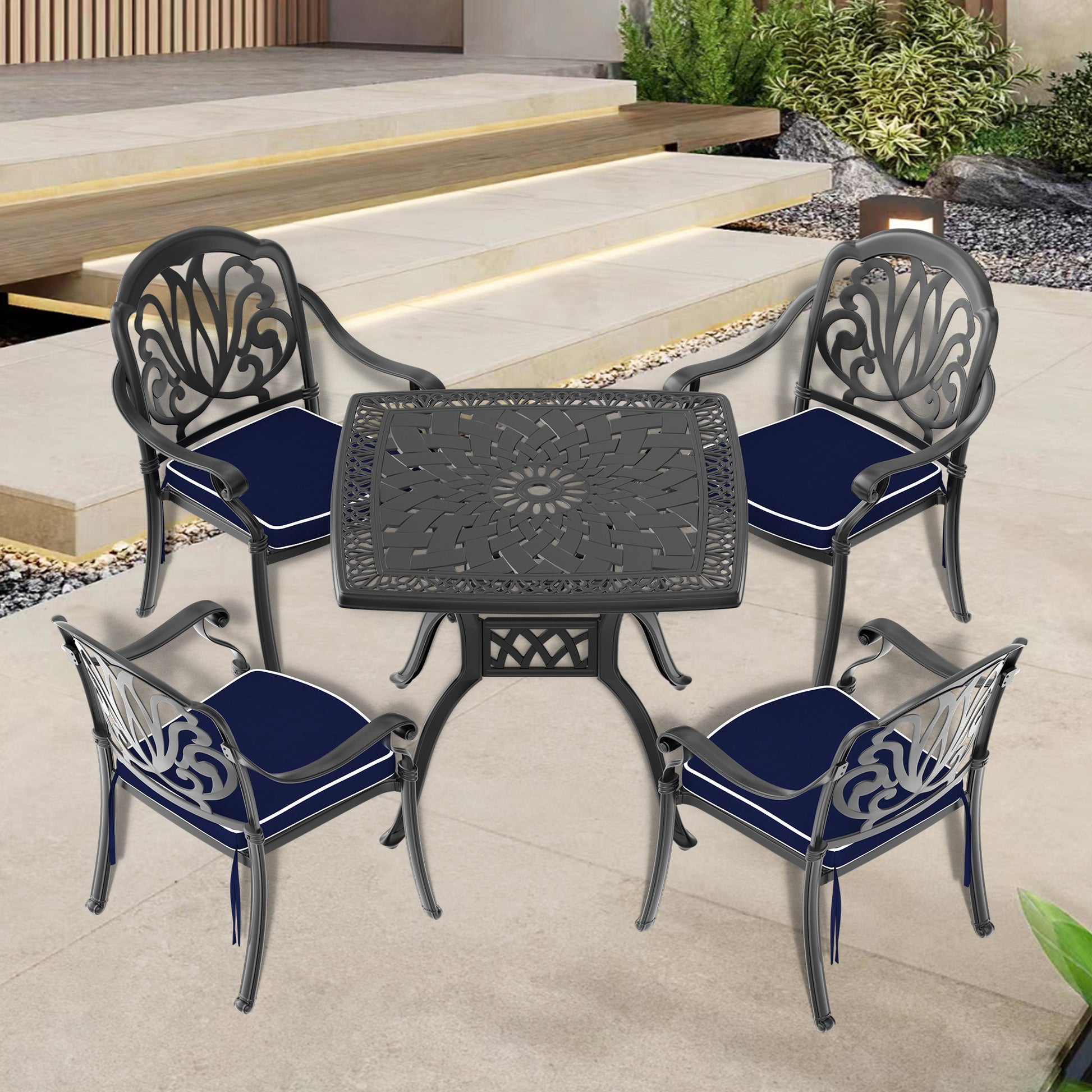 Cushions In Random Colors 5 Piece Set Of Cast Aluminum Patio Furniture With Cushions Yes Dining Set Black Seats 4 Rust Resistant Frame Water Resistant Cushion Garden & Outdoor Complete Patio Sets Aluminium