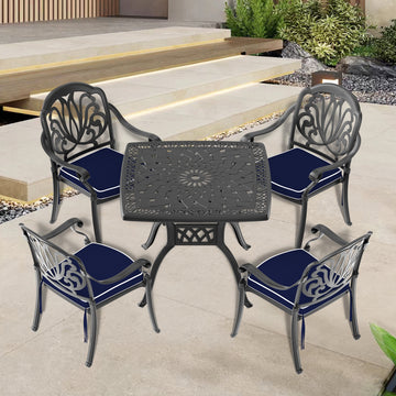 Cushions In Random Colors 5 Piece Set Of Cast Aluminum Patio Furniture With Cushions Yes Dining Set Black Seats 4 Rust Resistant Frame Water Resistant Cushion Garden & Outdoor Complete Patio Sets Aluminium