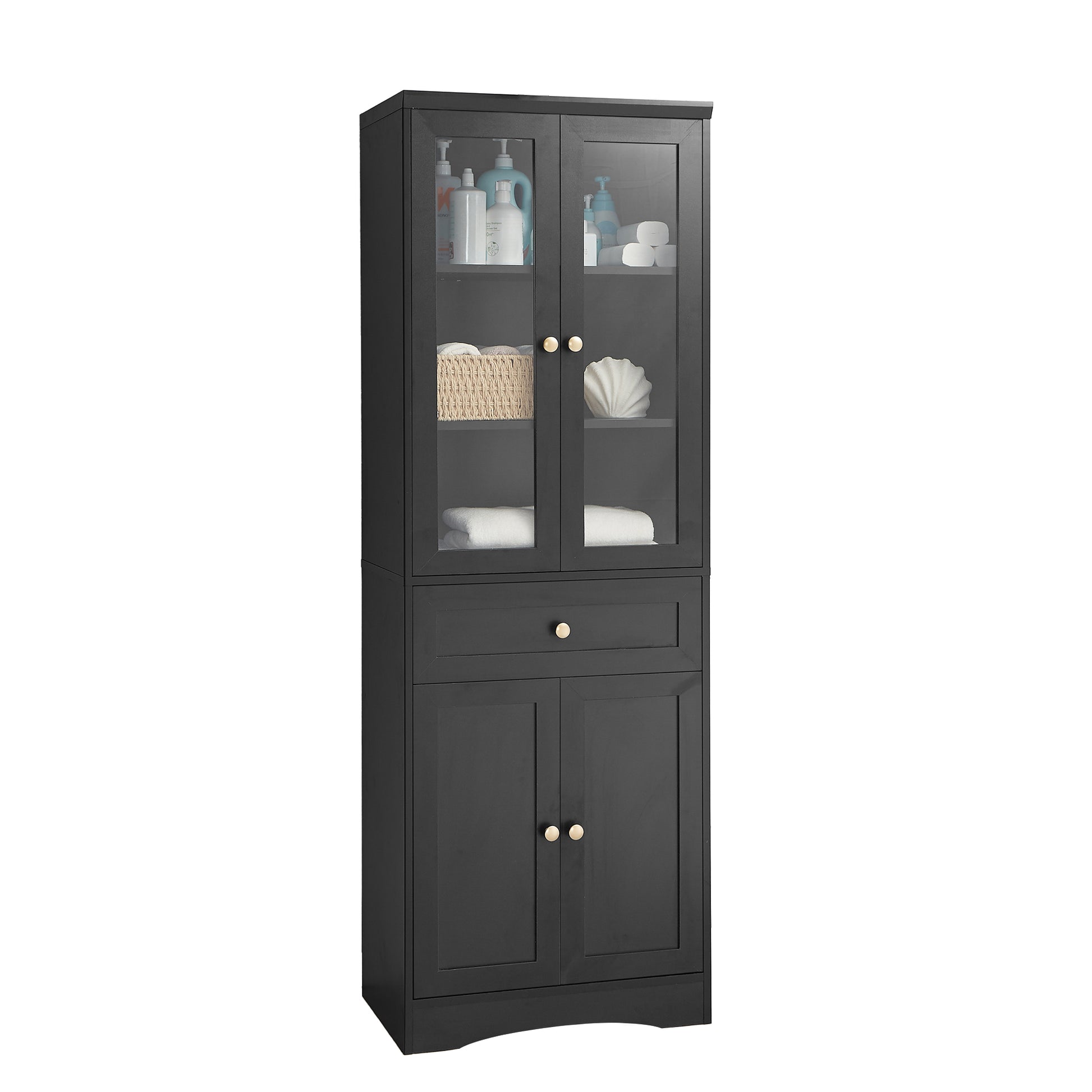 Tall Bathroom Storage Cabinet, Cabinet With Four Doors And Drawers, Adjustable Shelf, Mdf Board, Black Black Mdf