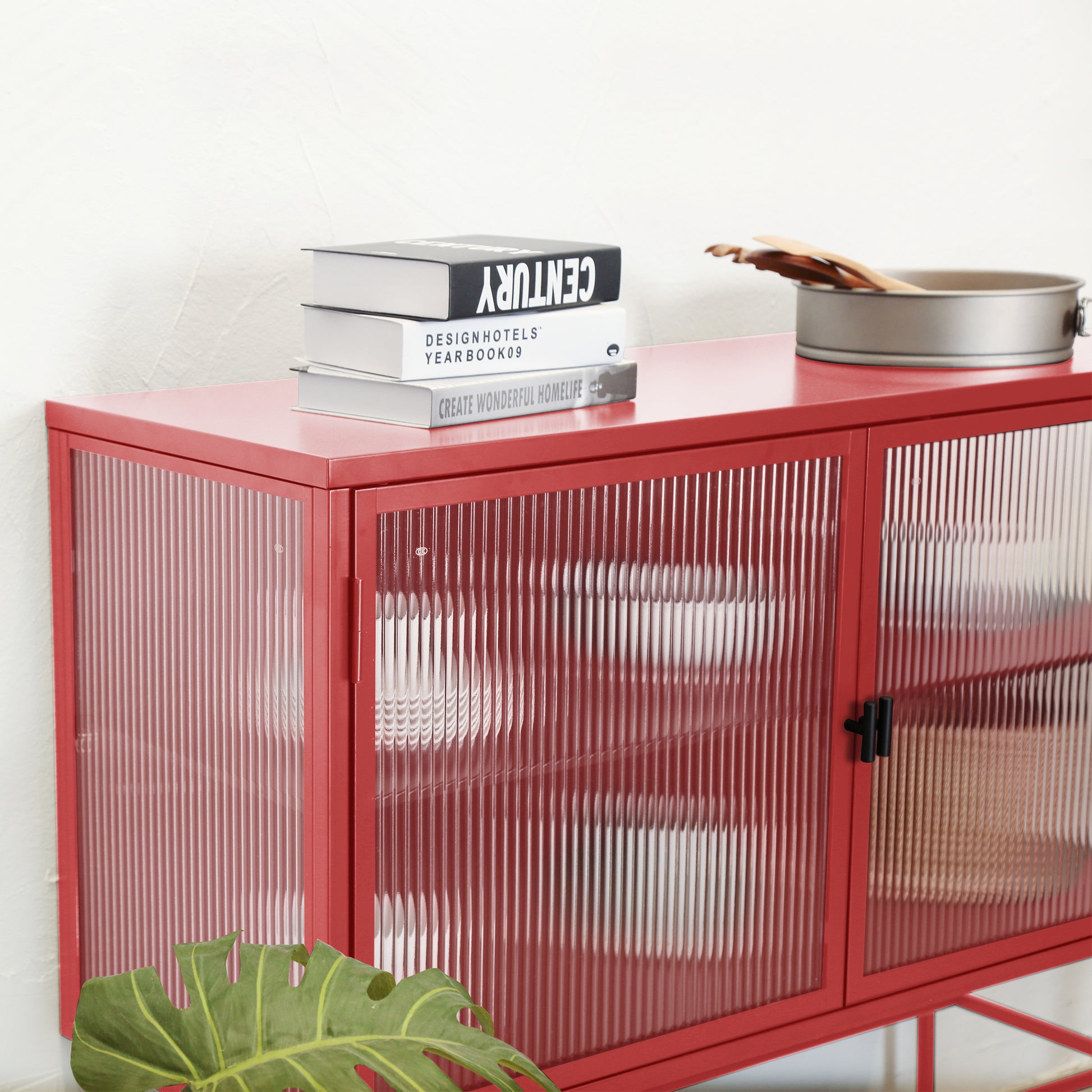 Red Sideboard Storage Cabinet With Two Fluted Glass Doors Detachable Shelves Bottom Space For Living Room, Office, Dinging Room And Entryway Old Sku:W68751711 Red Steel