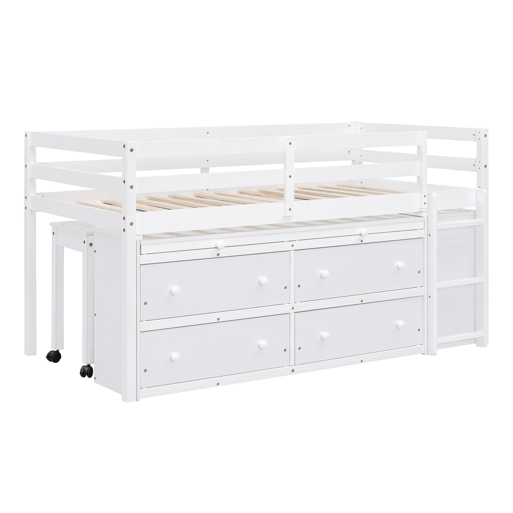 Twin Size Loft Bed With Retractable Writing Desk And 4 Drawers, Wooden Loft Bed With Lateral Portable Desk And Shelves, White White Solid Wood Mdf