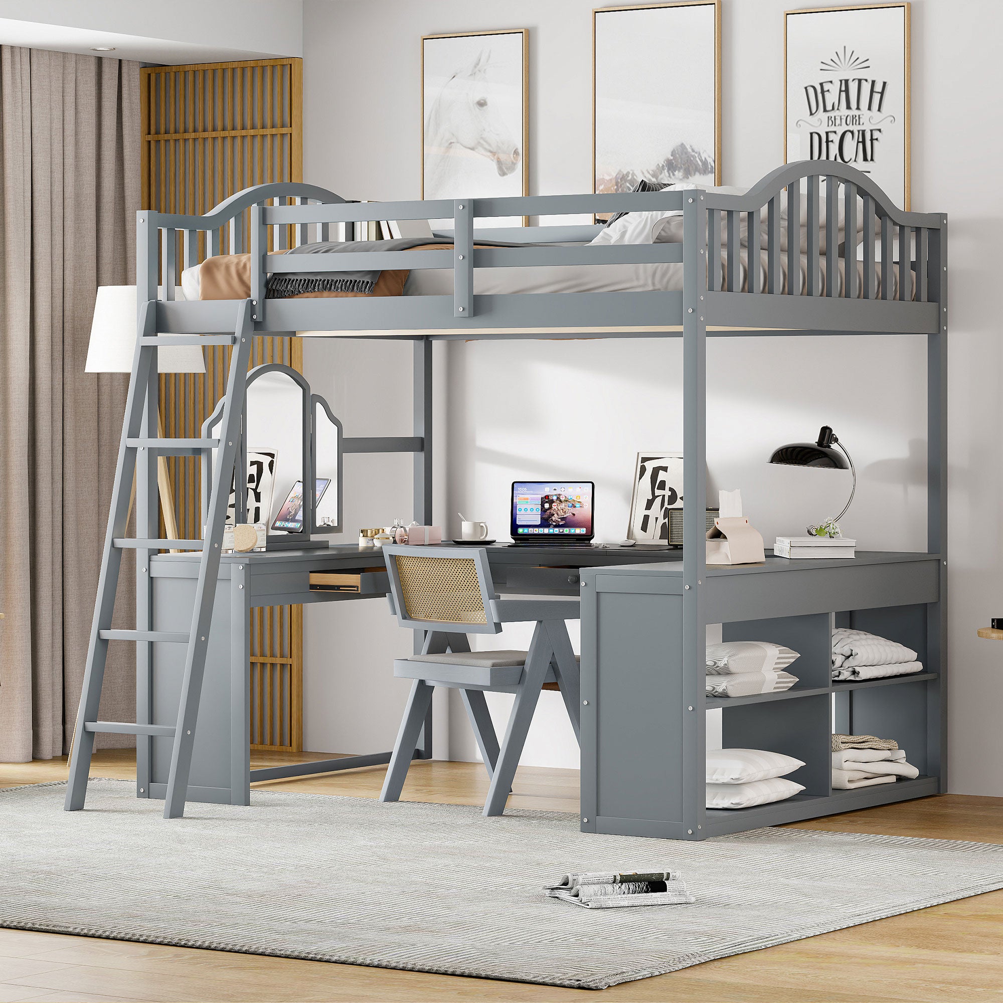 Full Wooden Loft Bed With U Shaped Desk,Storage Compartments And Tri Fold Mirror, Gray Gray Plywood,Solid Wood Mdf