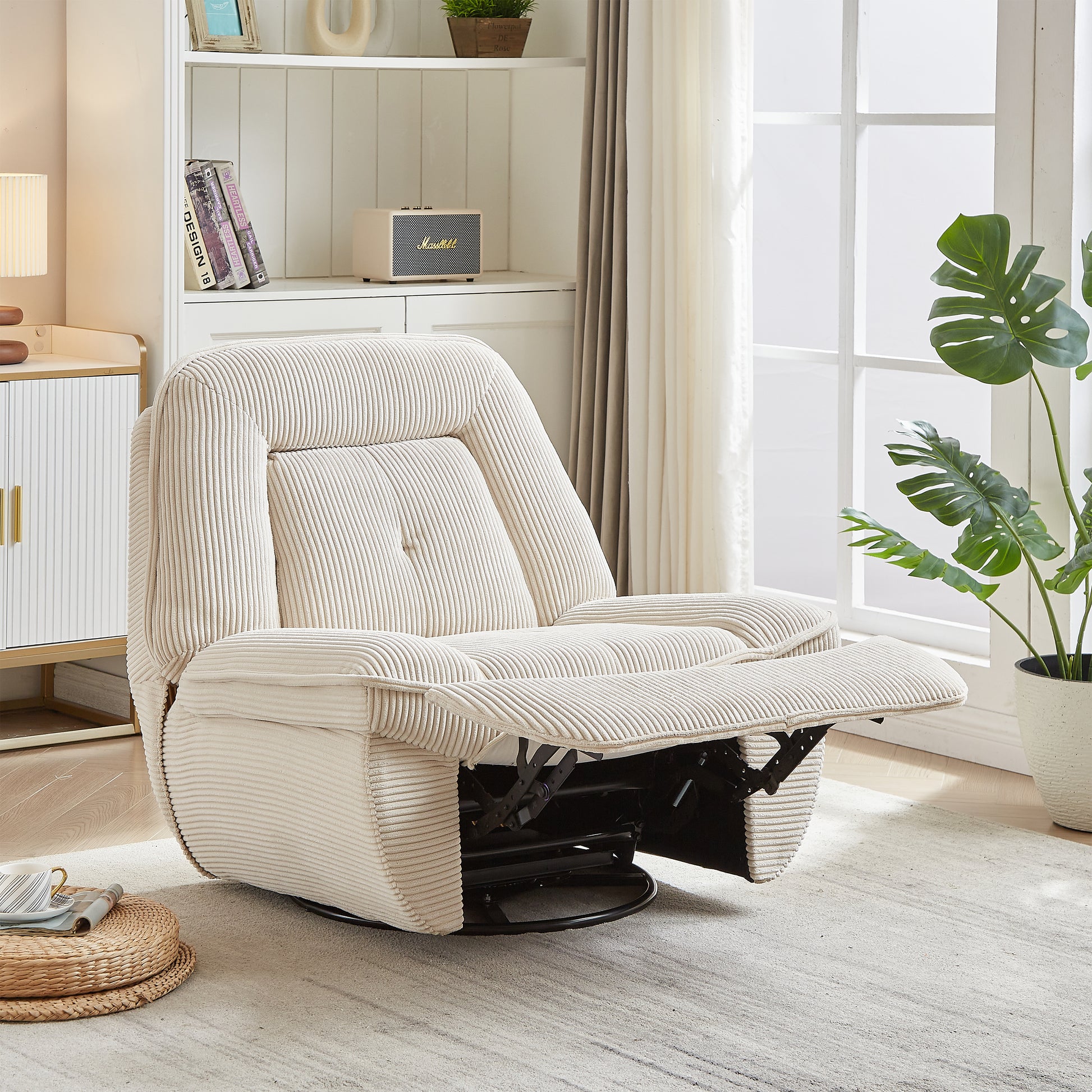 Video 360 Degree Corduroy Swivel Upholstered Manual Recliner Chair,Theater Recliner Sofa,Nursery Glider Rocker For Living Room Beige Corduroy