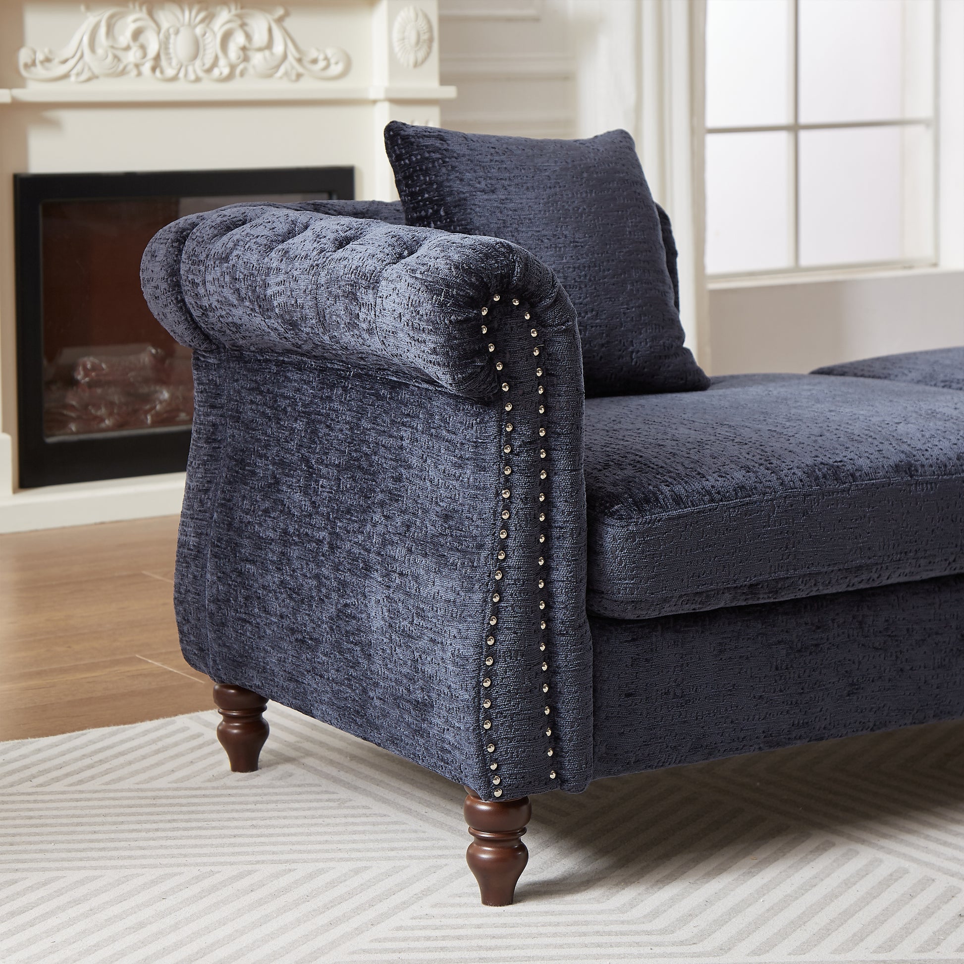 81 Inch Chenille Face To Face Chaise Lounge With Two Pillows,Nailhead Trim,Button Tufted Design And Rolled Arms For Lounge, Living Room And Office Blue Chenille 1 Seat