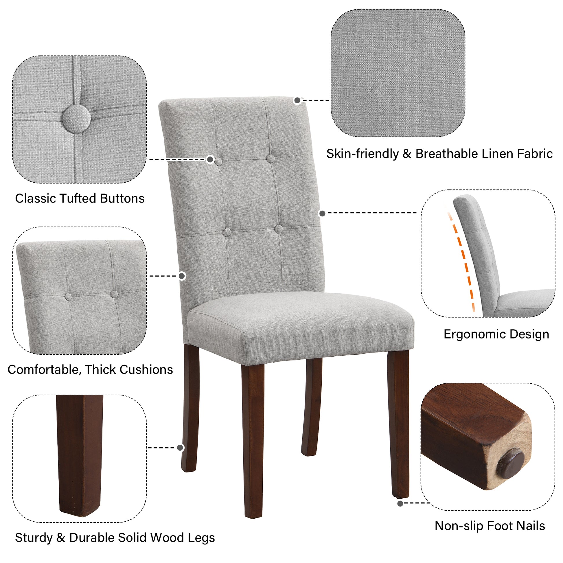 Linen Tufted Dining Room Chairs Set Of 6, Accent Diner Chairs Upholstered Fabric Side Stylish Kitchen Chairs With Solid Wood Legs And Padded Seat Gray Gray Espresso American Design,Classic,Mid Century Modern Wood Fabric
