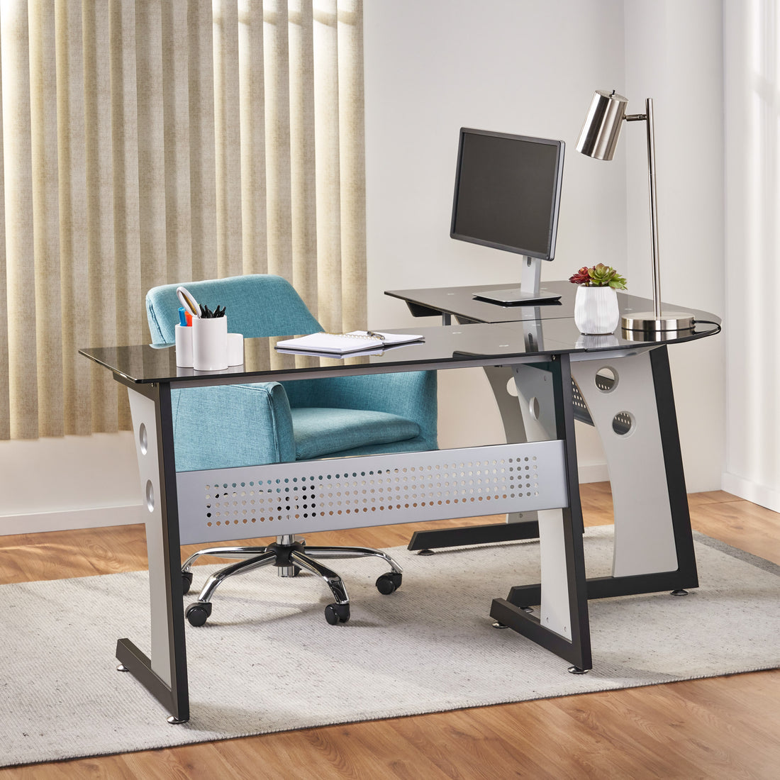 L Shape Glass Office Desk Grey Black Mdf