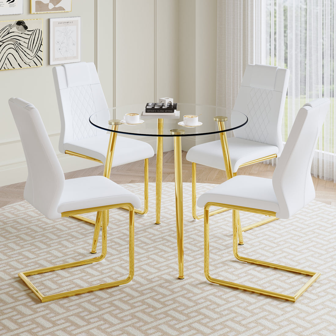 Table And Chair Set, Modern Minimalist Style Round Transparent Tempered Glass Table With Gold Metal Legs, Paired With 4 Modern Pu Leather High Back Dining Chair, Bringing A Luxurious Experience. White Seats 4 Glass Metal