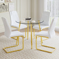 Table And Chair Set, Modern Minimalist Style Round Transparent Tempered Glass Table With Gold Metal Legs, Paired With 4 Modern Pu Leather High Back Dining Chair, Bringing A Luxurious Experience. White Seats 4 Glass Metal