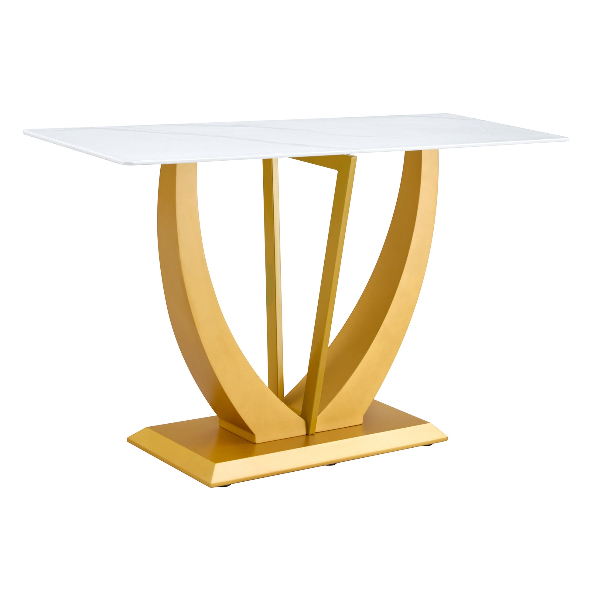 Modern And Simple Rectangular Glass Dining Table In White With A Pattern, 0.39 "White Top And Gold Legs, Suitable For Entrance And Living Room. White Glass