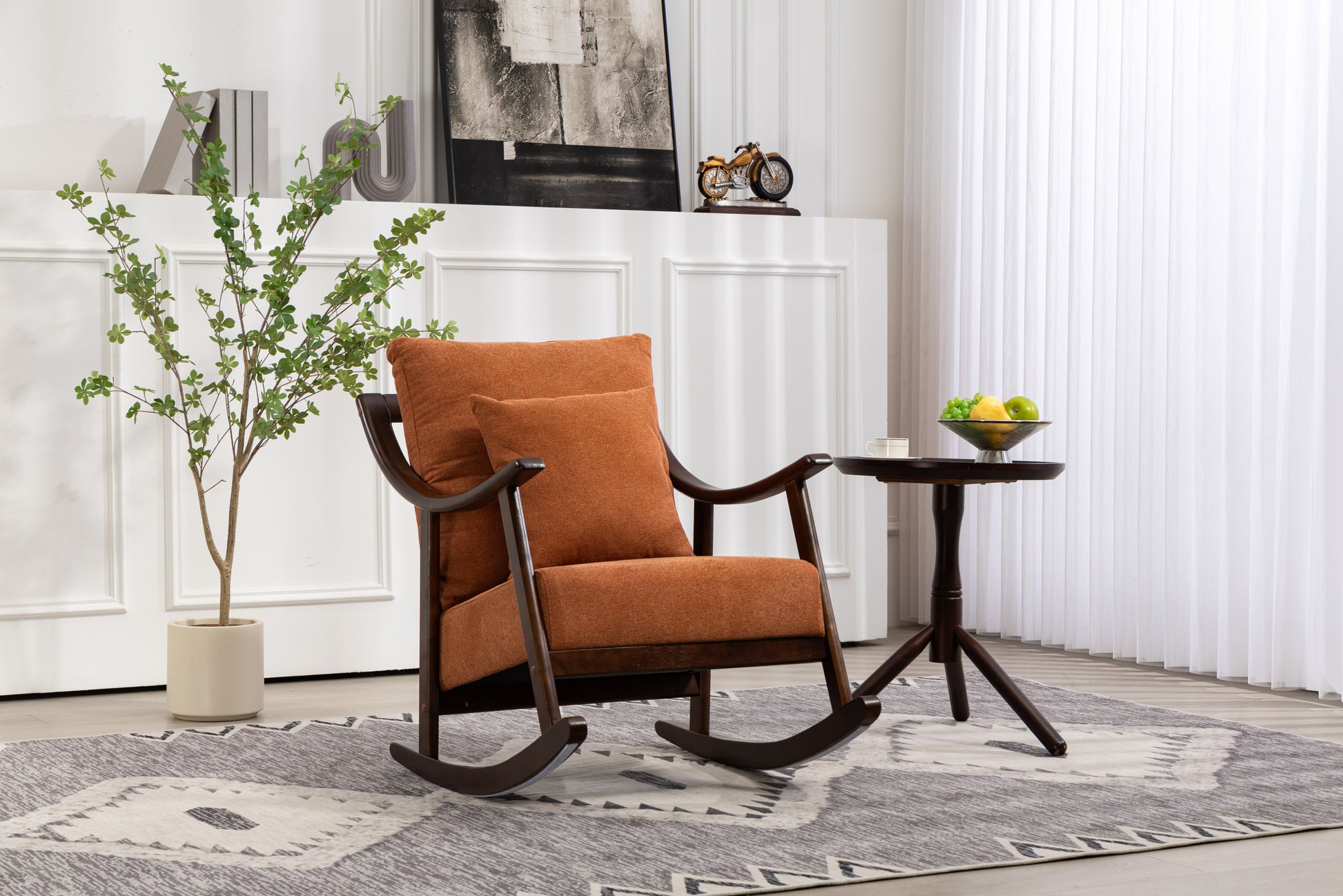 Woven Fabric Mid Century Modern Accent Chairs Comfy Upholstered Glider Arm Chair With Solid Wood For Living Room Bedroom Balcony Light Brown Linen