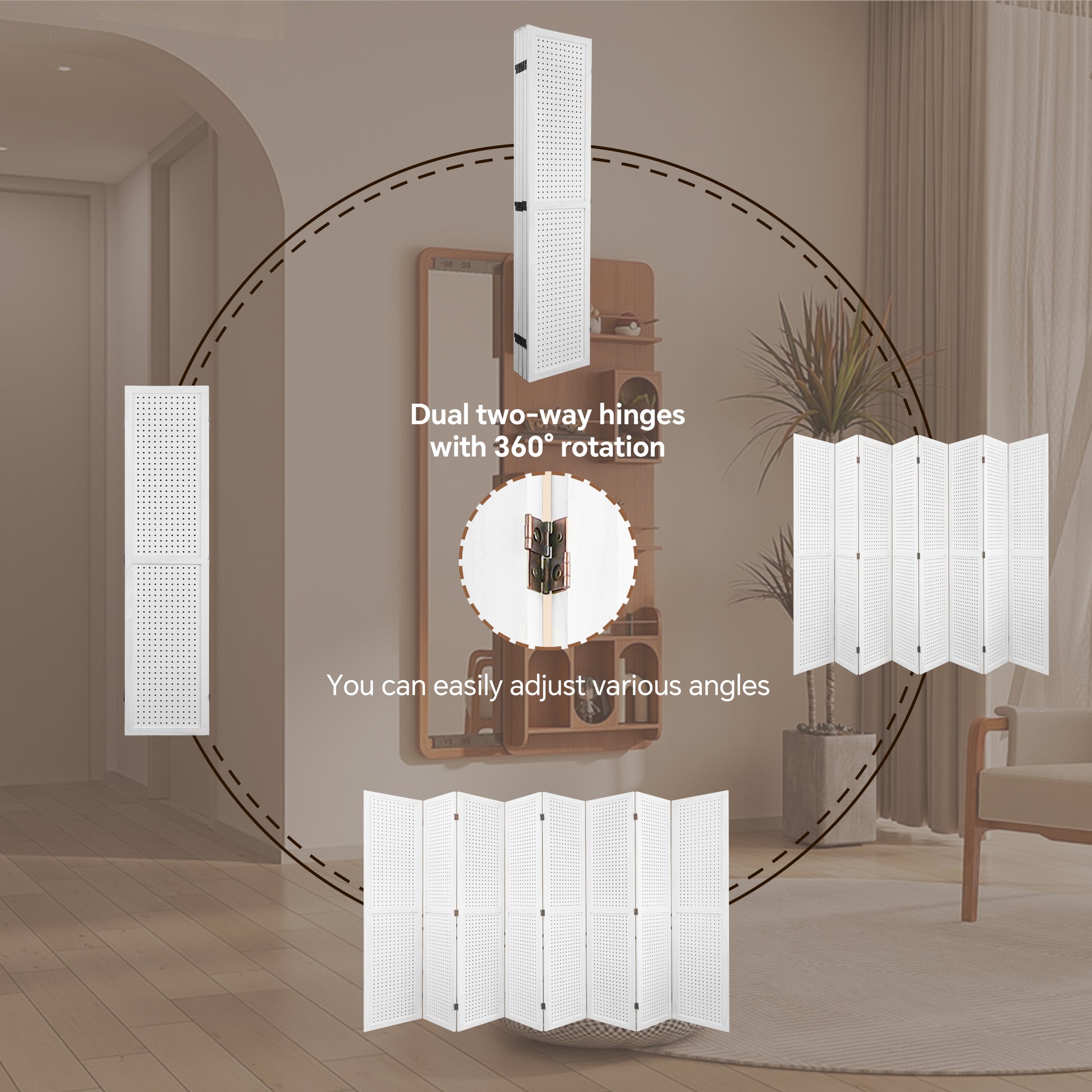 8 Panel Room Divider, 5.6Ft Pegboard Display Wooden Room Divider Folding Privacy Screen Room Divider Freestanding Peg Board Display For Trade Show Craft Show Home Wall Organizer,Elegant White White Modern Wood