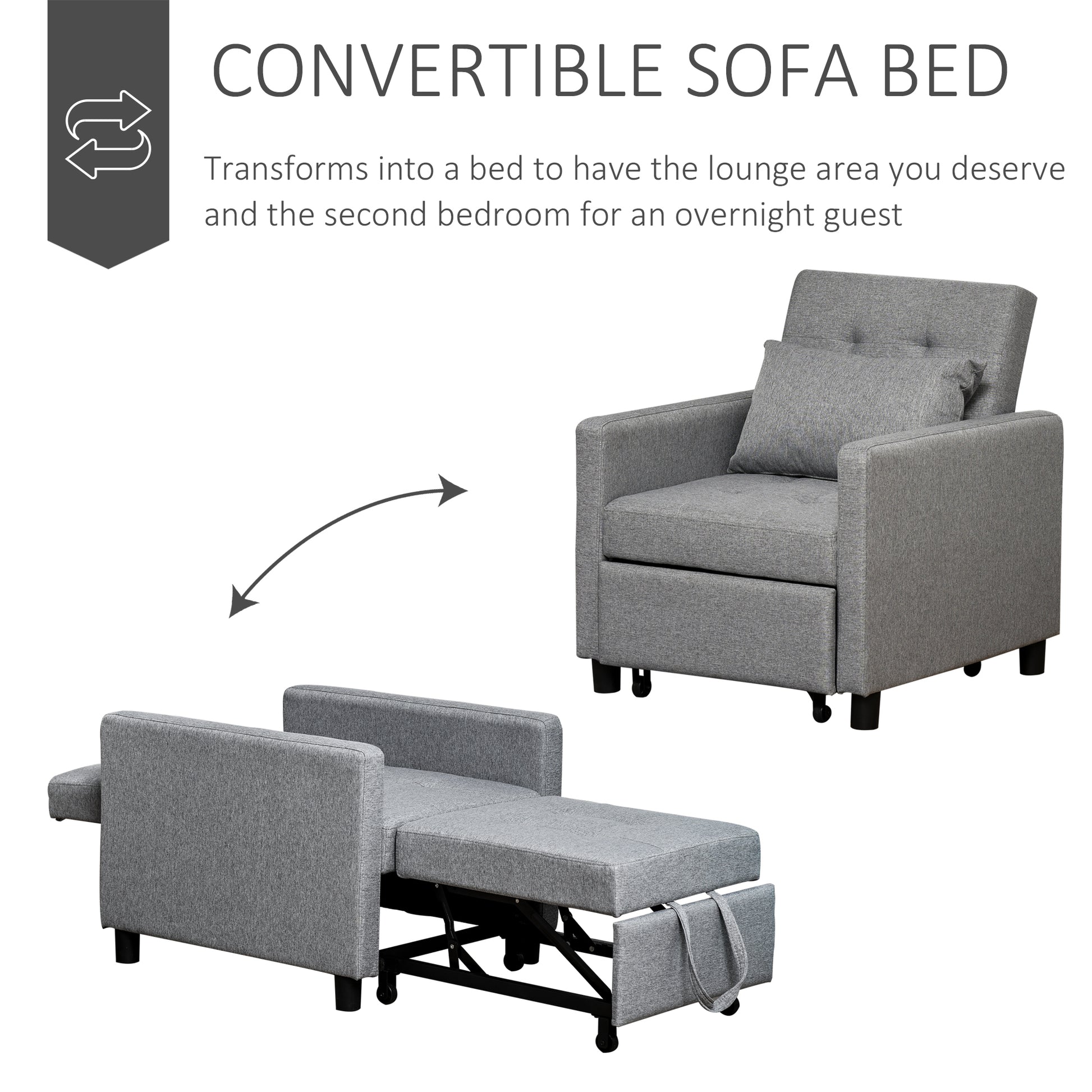 Homcom Convertible Sofa Lounger Chair Bed Multi Functional Sleeper Recliner With Tufted Upholstered Fabric, Adjustable Angle Backrest, And Pillow, Grey Grey Plastic 1 Seat