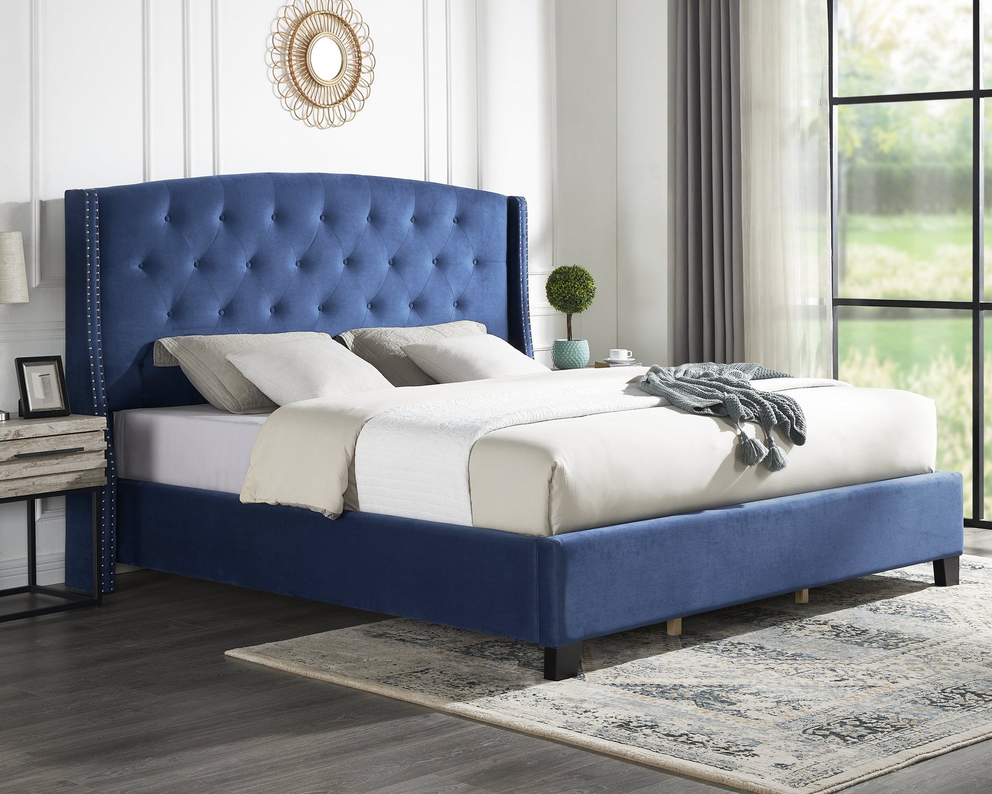 Summit Fabric Button Tufted Wingback Upholstered Bed With Nail Head Trim, Blue Box Spring Required Queen Blue Gray Wood Bedroom Contemporary Bed Frame Wood Polyester Engineered Wood