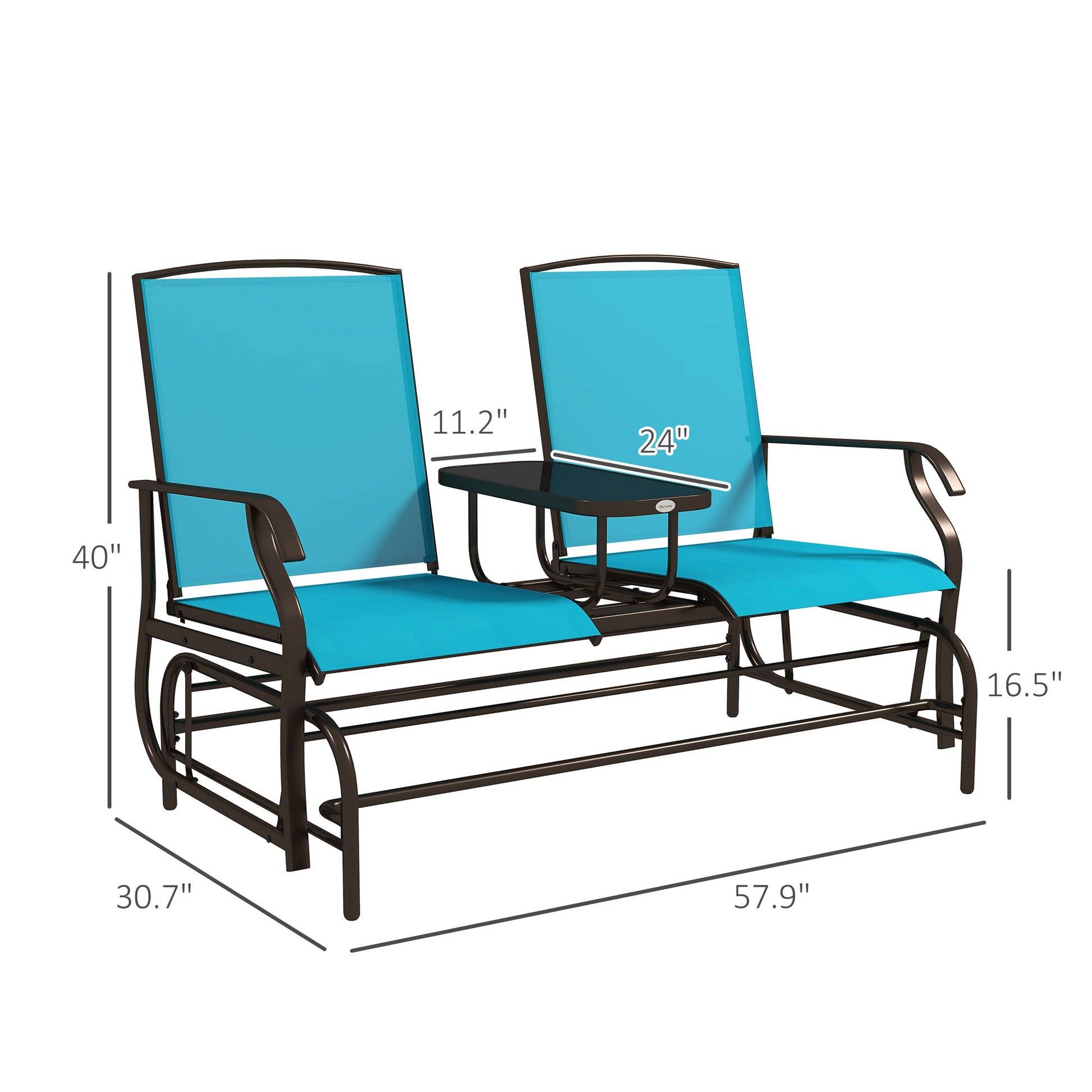 Outsunny Outdoor Glider Bench With Center Table, Metal Frame Patio Loveseat Withmesh Fabric And Armrests For Backyard Garden Porch, Blue Blue Steel