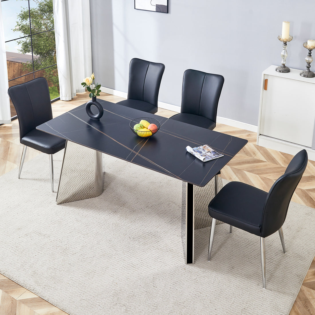 Table And Chair Set.63"X31.5X30" Black Marble Patterned Slabs Tabletop With Stainless Steel Butterfly Legs.Paired With 4 Black Pu Dining Chairs With A Vertical Stripe Design On The Backrest. Black