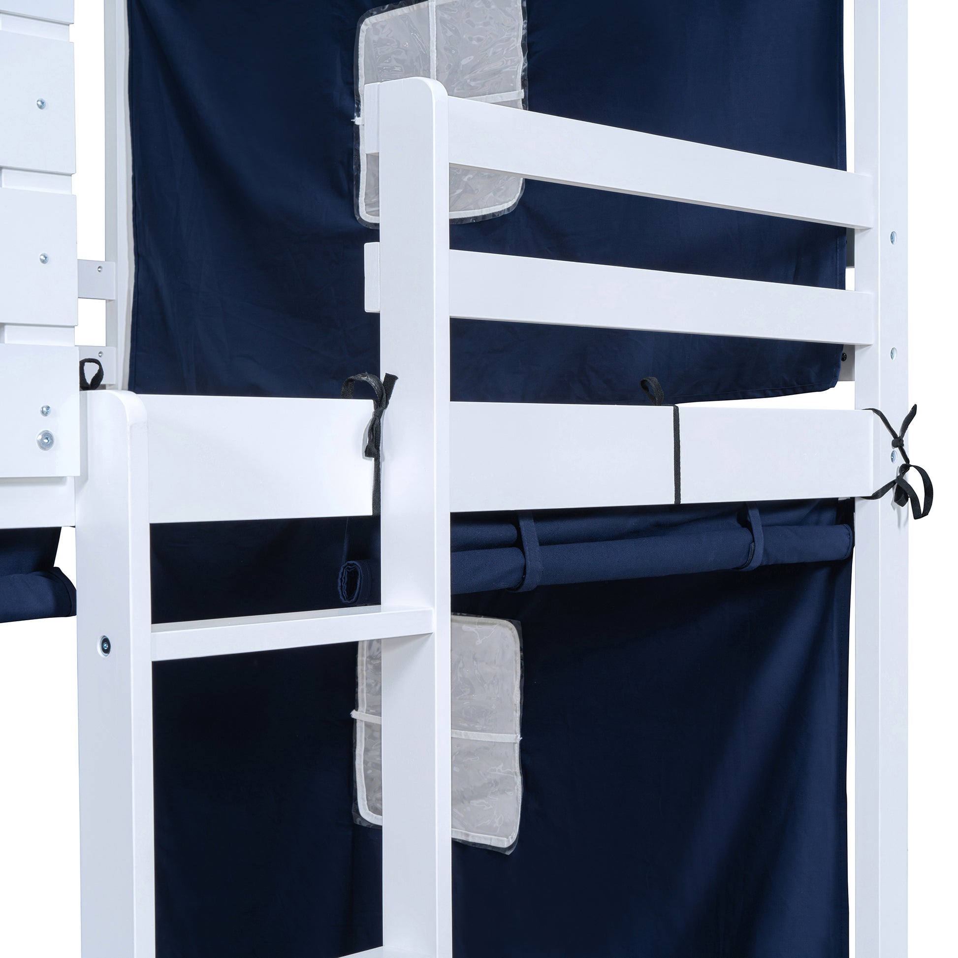 Full Size Bunk Wood House Bed With Tent, Blue White Full Blue Solid Wood Mdf