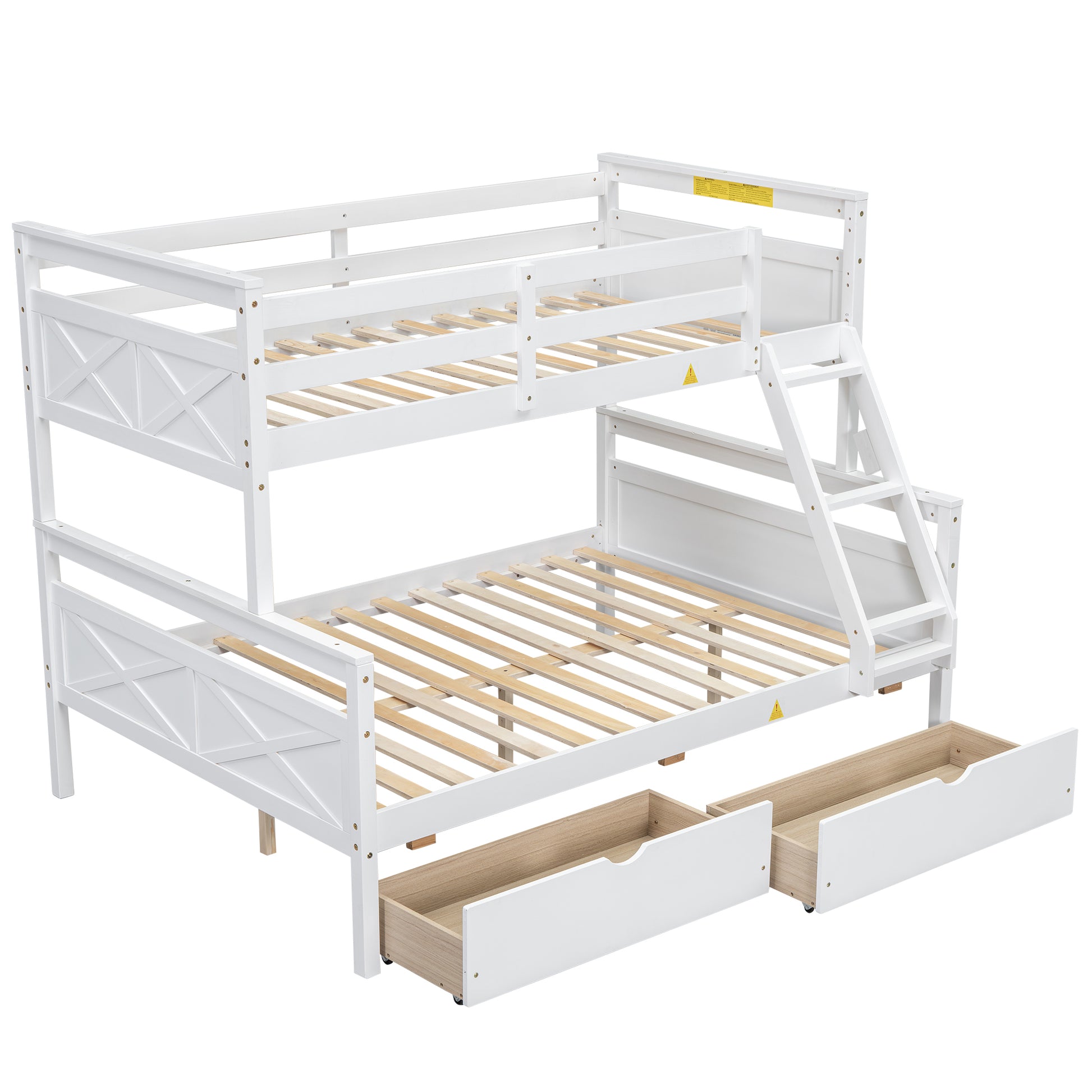 Twin Over Full Bunk Bed With Ladder, Two Storage Drawers, Safety Guardrail, White Box Spring Not Required Twin White Wood Bedroom Bed Frame Pine